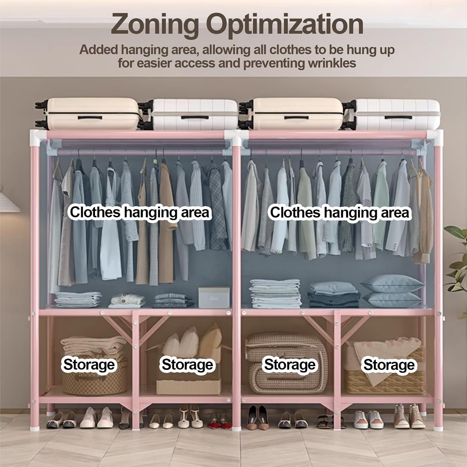 Heavy Duty Portable Wardrobe Closet With Cover, Freestanding Coat Storage Garment Racks For Hanging Clothes, Foldable Covered Clothes Rack For Bedroom(Pink2,100x170x45cm)