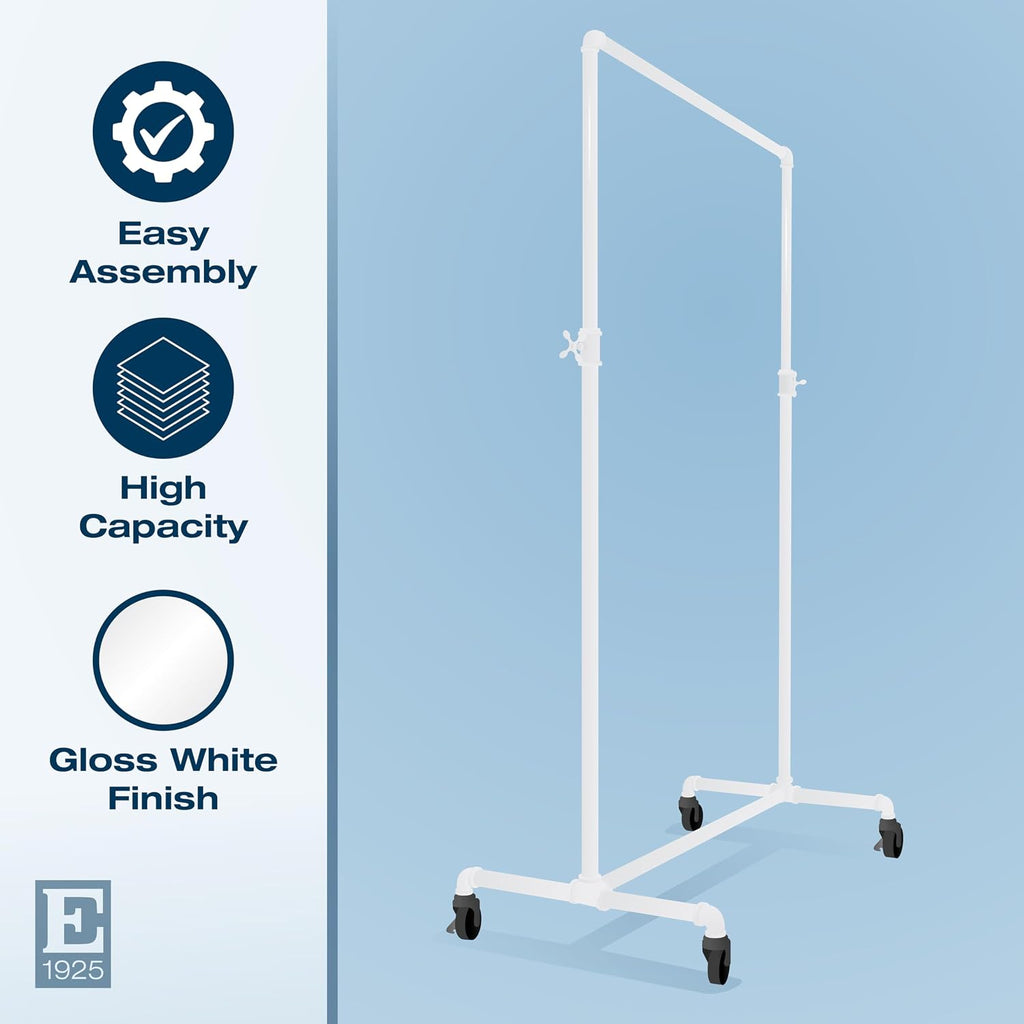 Econoco Pipeline Adjustable Ballet Bar Rack, Rolling Clothing Display with Vintage Style and Adjustable Height, Gloss White