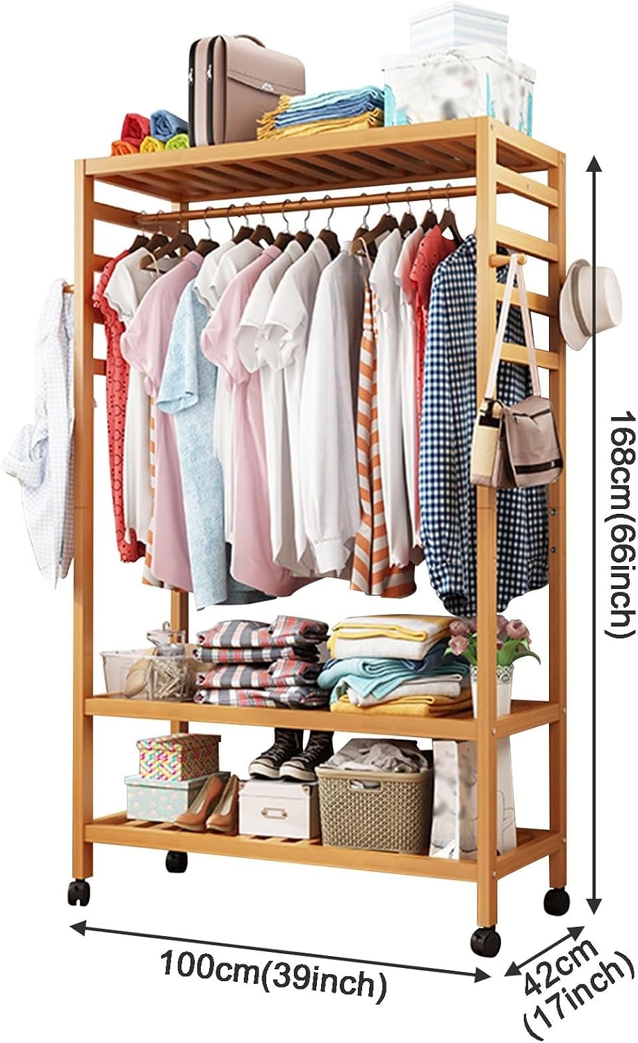 Versatile Mobile Garment Rack - Bamboo Freestanding Clothes Organizer for Hanging, Wardrobe Storage Closet with Wheel Perfect,with 4 Hooks/1 Top Rod & 3 Shelves,100 * 42 * 168CM