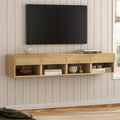 EYYTHUNG Small Rattan Floating Nightstands with Drawer Set of 4, Wall Mounted TV Stands with Open Compartment Modern Night Stand Wooden Bedside Table Storage Cabinet for Bedroom, Entryway Natural Oak