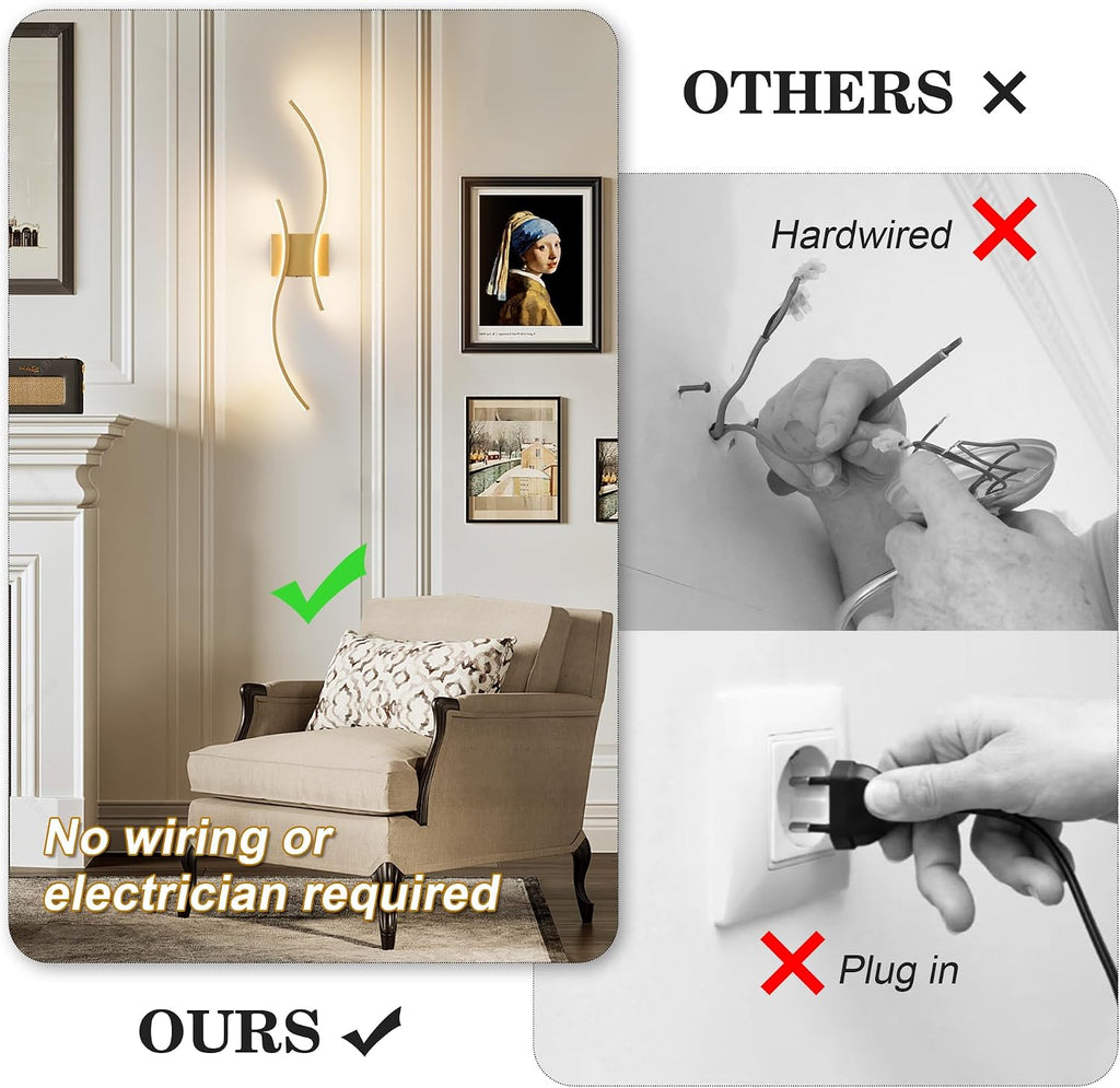 Battery Operated Wall Sconces Set of Two with Remote Control, Battery Wall Light, Stepless Colors 3000K-6000K & Dimming, Gold Led Wall Lights for Living Room, Hallway, Bedroom, 27.5 Inch (2 Pack)
