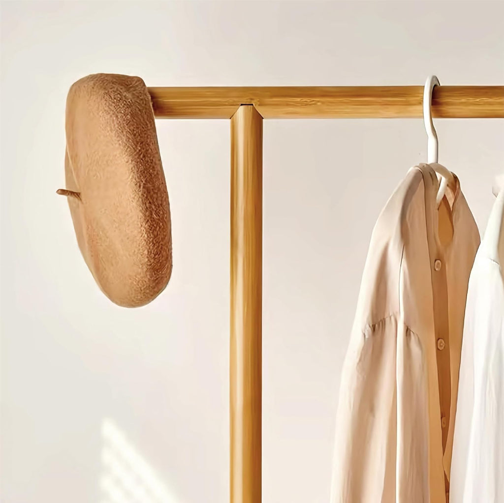 Bamboo Rolling Clothes Rack with Open Rattan Large Organizer, Garment Rack Stand Storage Box for Hanging Clothes, Natural Wood Wardrobe Shelves with Wheels for Entryway Bed Room (Creative Design)