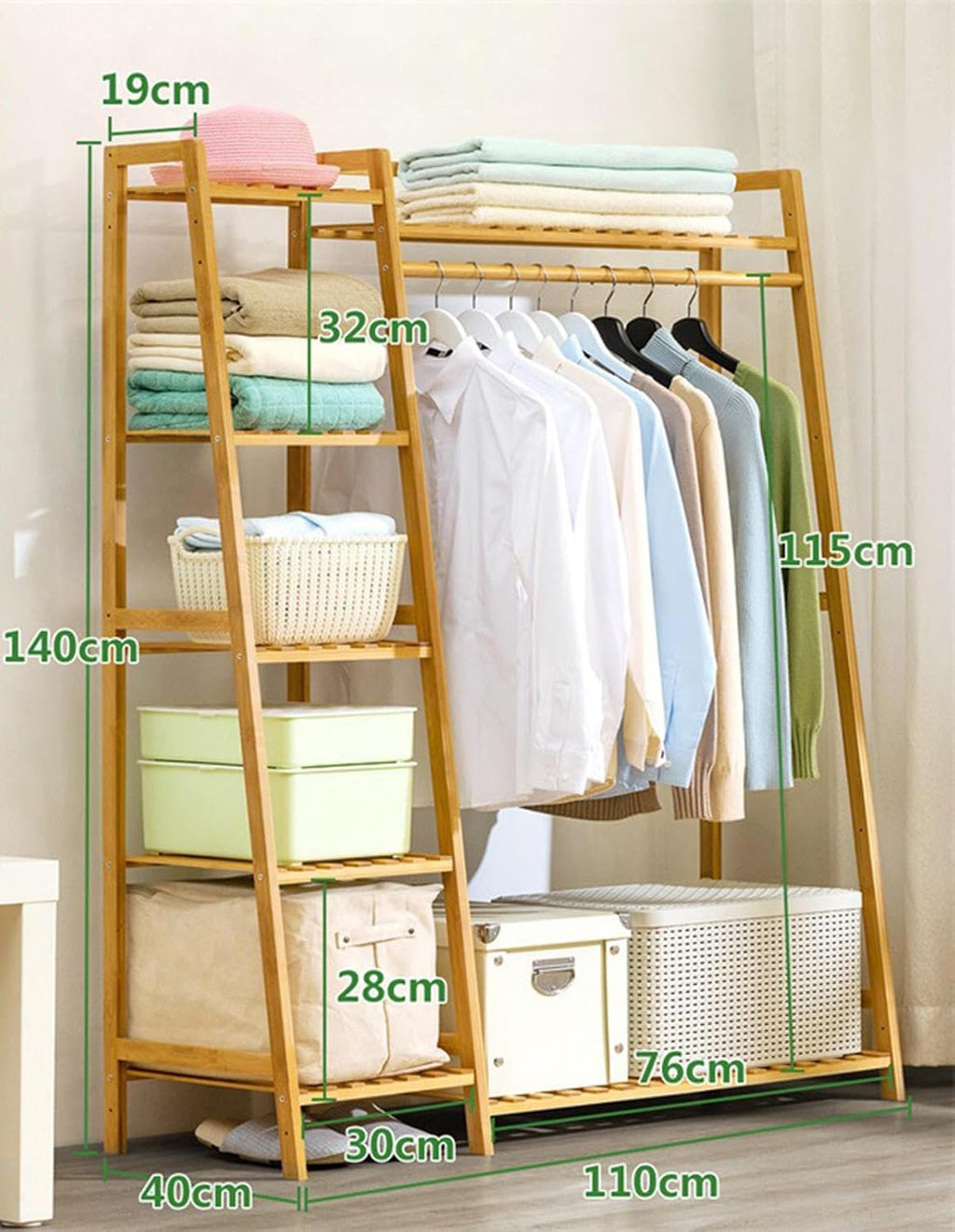 Bamboo Garment Rack,Heavy Duty Coat Clothes Hanging Rack Storage Shelf,Free-Standing Wardrobe Closet Organizer, Multi-Functional Bedroom Clothing Racks,B-110cm
