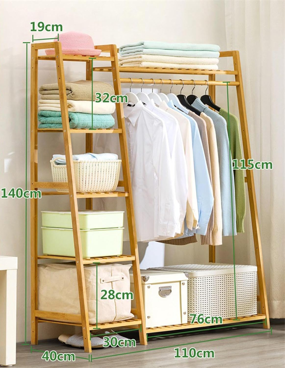 Bamboo Garment Rack,Heavy Duty Coat Clothes Hanging Rack Storage Shelf,Free-Standing Wardrobe Closet Organizer, Multi-Functional Bedroom Clothing Racks,B-110cm
