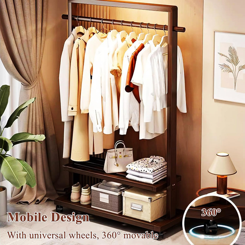 Large Solid Wood Clothes Rack, Garment Rack for Hanging Clothes, Bamboo Clothing Rack with Storage Shelf & Wheels, Portable Clothes Rack Coat Rack for Entryway and Bedroom,Brown,65cm