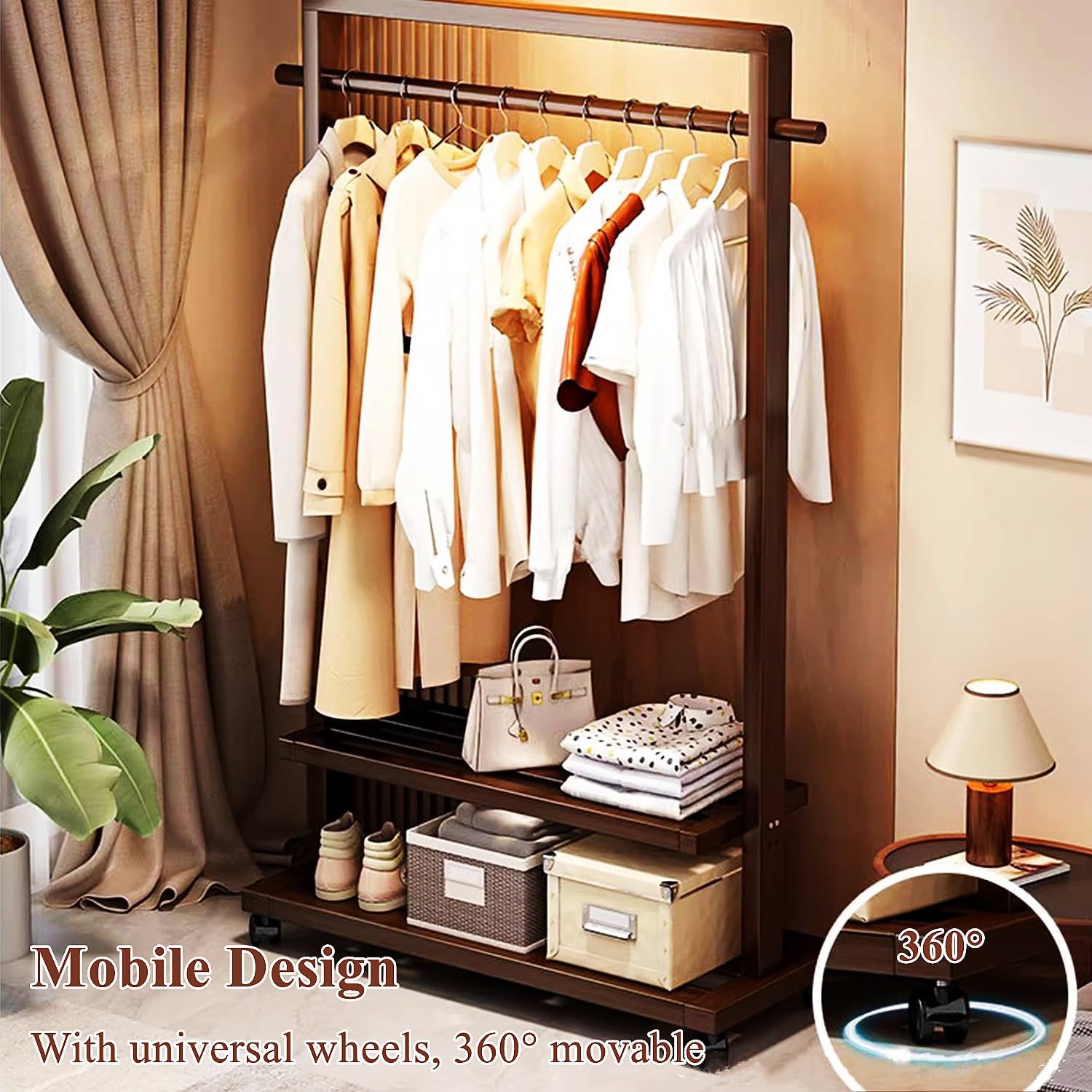 Large Solid Wood Clothes Rack, Garment Rack for Hanging Clothes, Bamboo Clothing Rack with Storage Shelf & Wheels, Portable Clothes Rack Coat Rack for Entryway and Bedroom,Brown,65cm