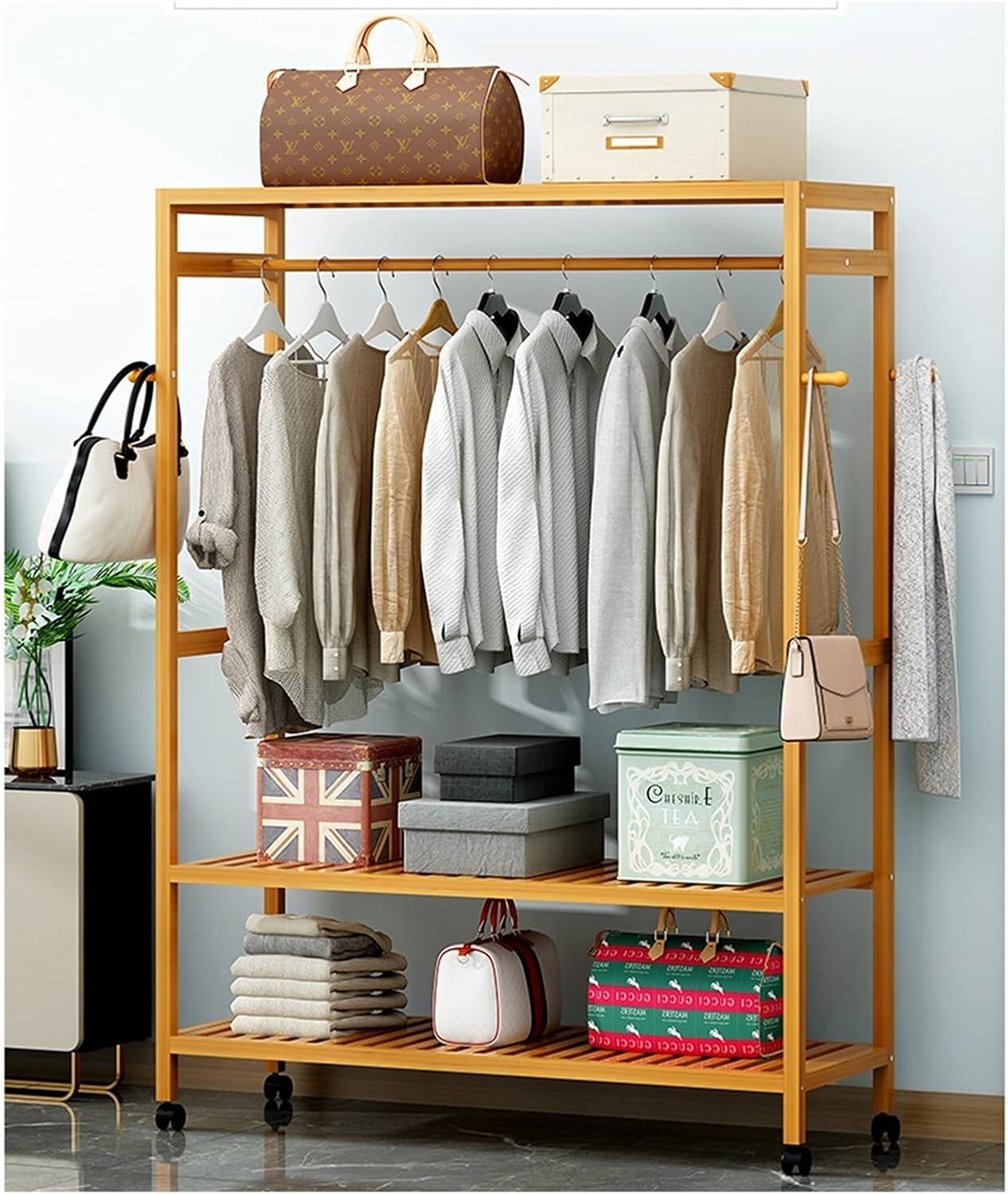 Coat Rack, 3-in-1 Clothes Hanging Rack Bamboo Clothing Rack 360°Rotation Garment Rack With Wheels 4 Side Hooks For Hanging Clothes In Laundry Bedroom Bathroom Etc