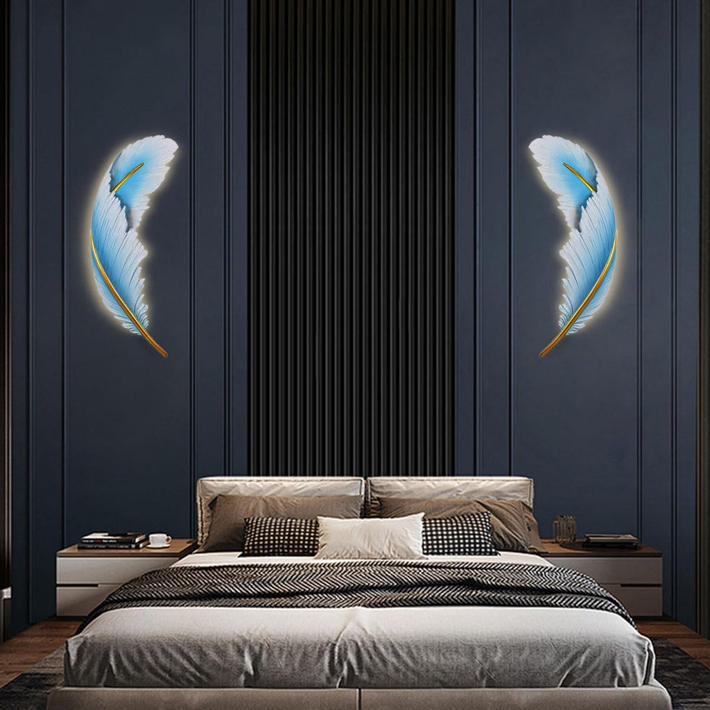 Art Deco Wall Light Modern led Wall Light Sconce Blue Feather Design 3000k-6000k Mid-Century Wall Lights Feather lamp Dimmable Sconce for Bedroom Living Room Dining Room Hallway