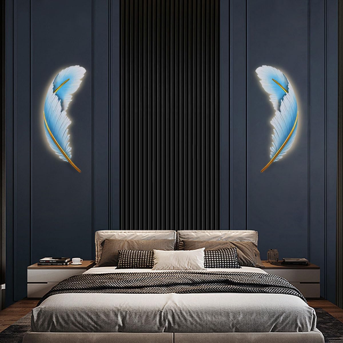 Art Deco Wall Light Modern led Wall Light Sconce Blue Feather Design 3000k-6000k Mid-Century Wall Lights Feather lamp Dimmable Sconce for Bedroom Living Room Dining Room Hallway