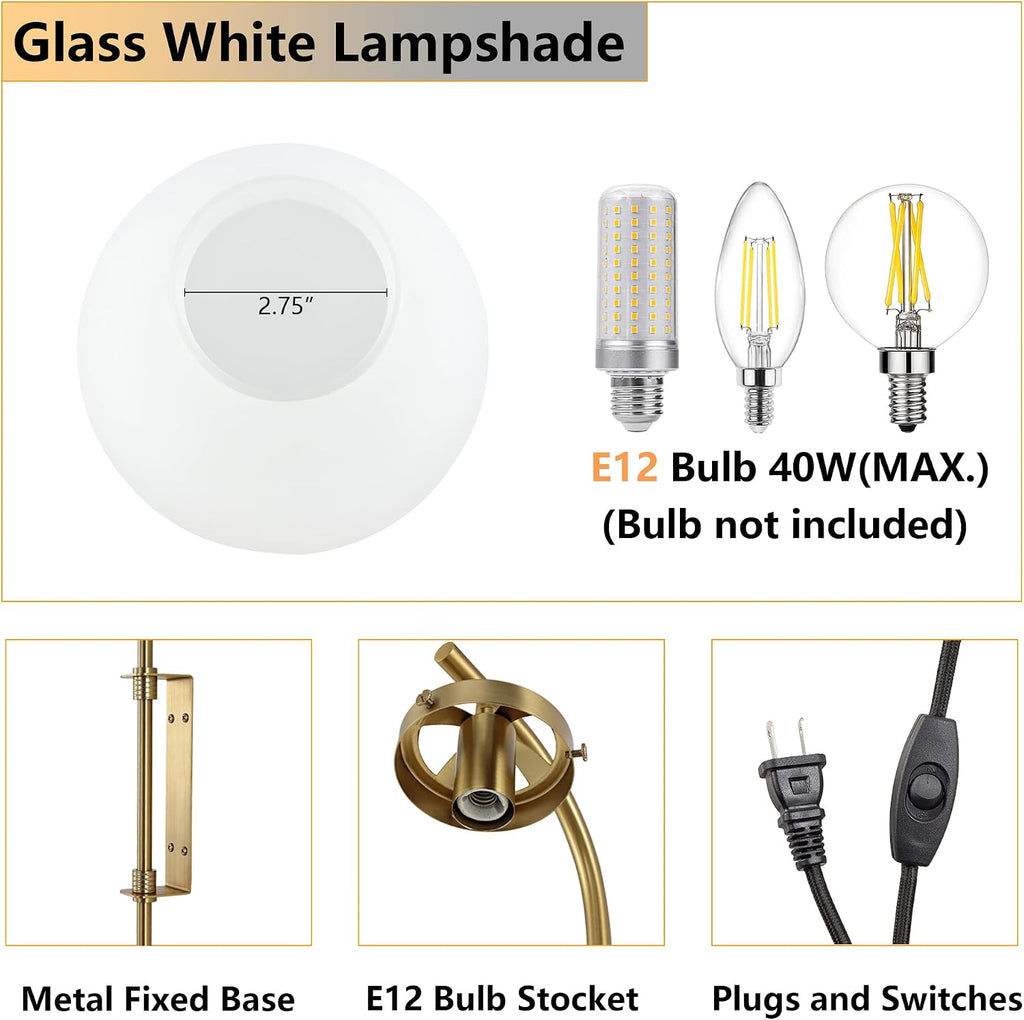 ELEHINSER Gold Wall Sconces Set of 2 with Globe Shade, Modern Indoor Plug in Wall Lamps with Switch, Angle Adjustable Light for Bedroom Living Room Study Hallway Bedside