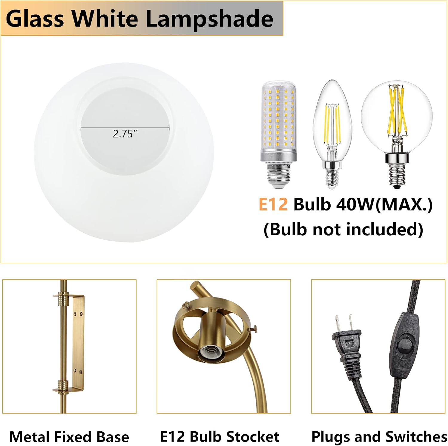 ELEHINSER Gold Wall Sconces Set of 2 with Globe Shade, Modern Indoor Plug in Wall Lamps with Switch, Angle Adjustable Light for Bedroom Living Room Study Hallway Bedside