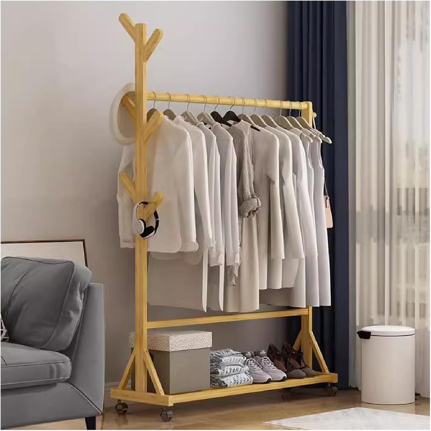 Clothes Rail Garment Rack Bamboo Coat Rack,Freestanding Home Drying Rack Floor Hanging Clothes Rack Hat Handbag Hanger Hall