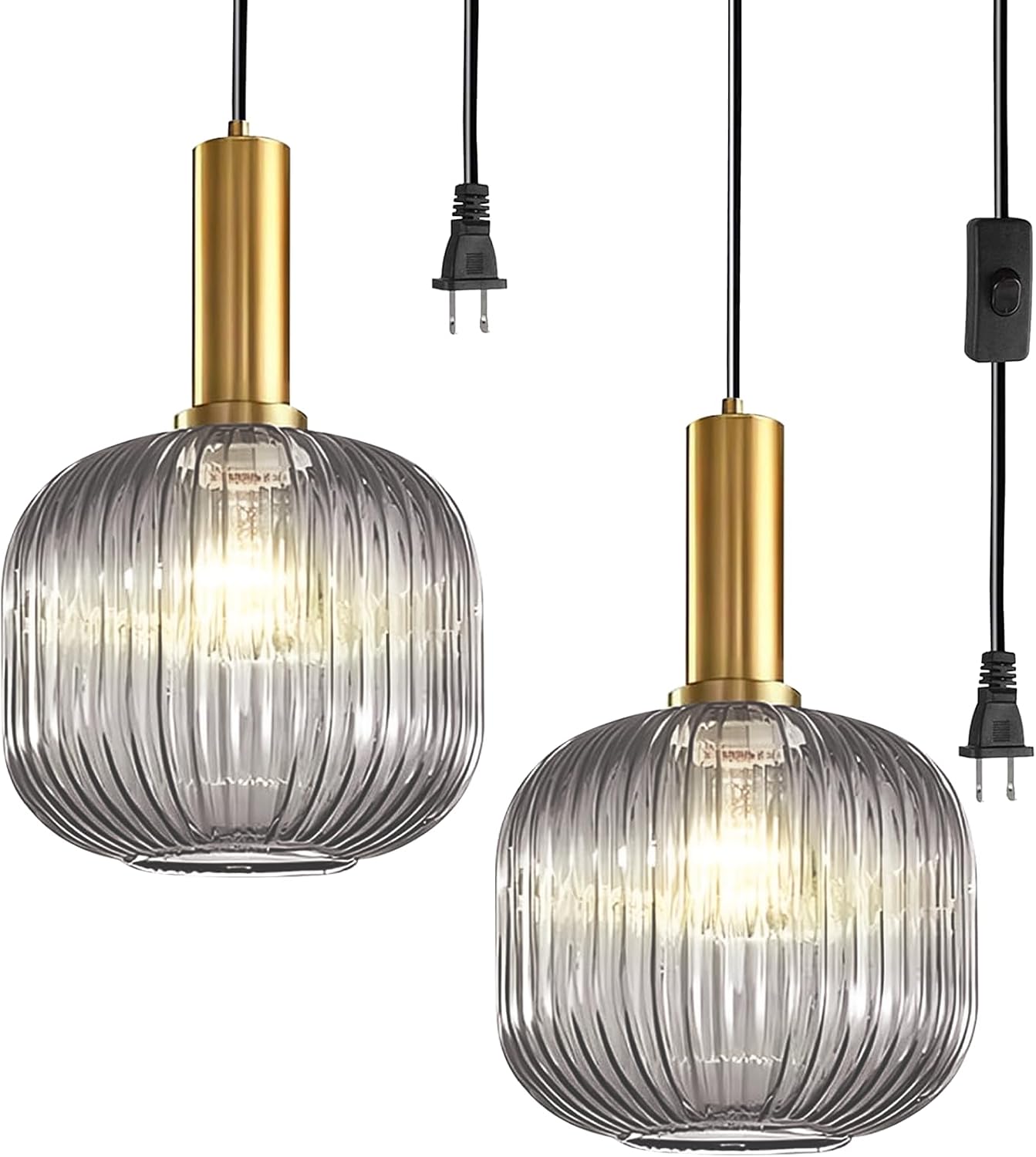 Vintage Plug in Pendant Lights 2 Pack, Industrial Hanging Lamp with Smoke Gry Glass Shade, Mid Century Hanging Chandelier Plug in Light Fixture for Kitchen Dining Room Living Room Ceiling