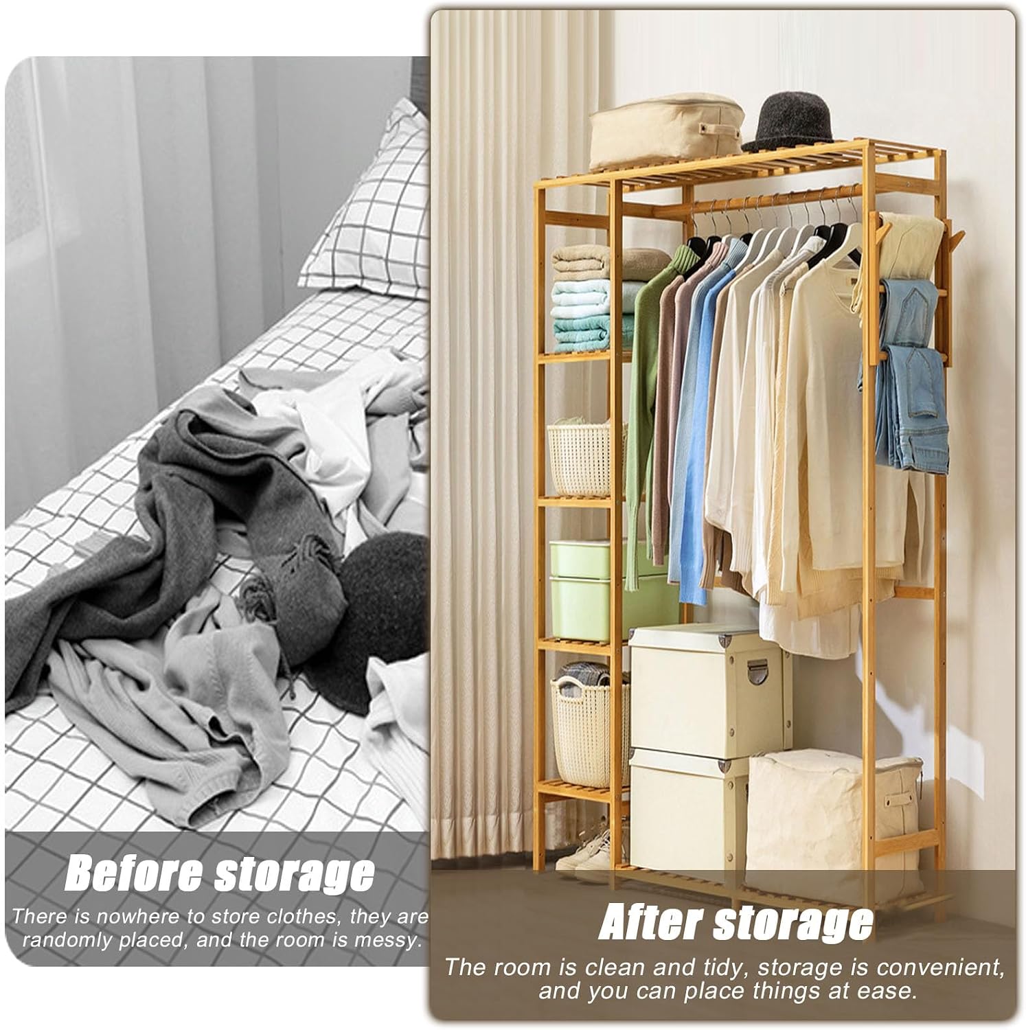 Garment Racks for Hanging Clothes - Closet System with Side Trouser Rack - Clothing Rack with 5 Tiers Shelves Bamboo Clothing Rack for Balcony,Living Room,Bedroom,Wood,145×90cm/57×35in