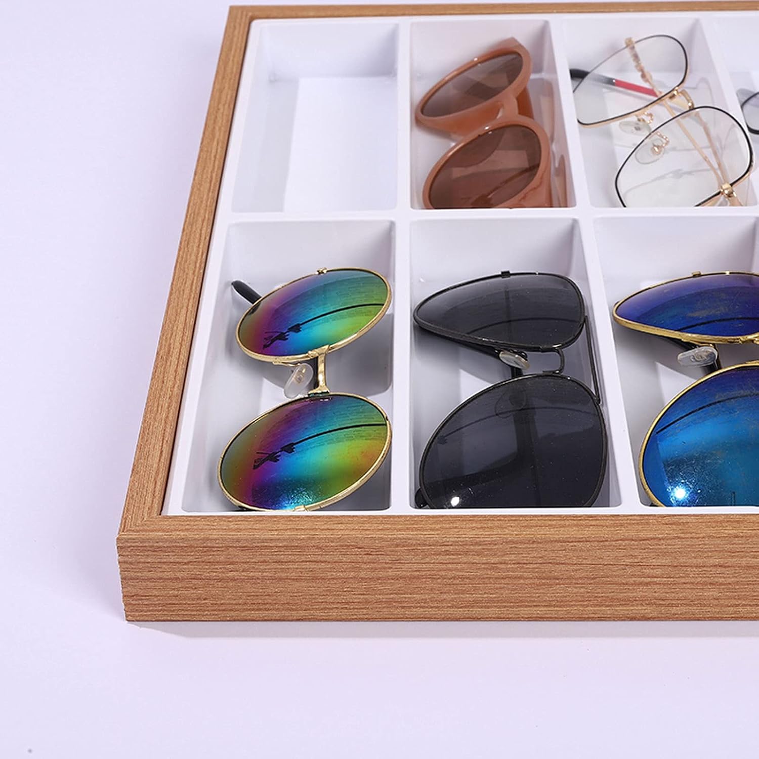 Eyeglass Displays Wooden 7/12/18 Compartments Eyeglass Display Organizer Open Top Eyeglasses Sunglass Storage Case Box Eyewear Tray Stand Display Risers(M)