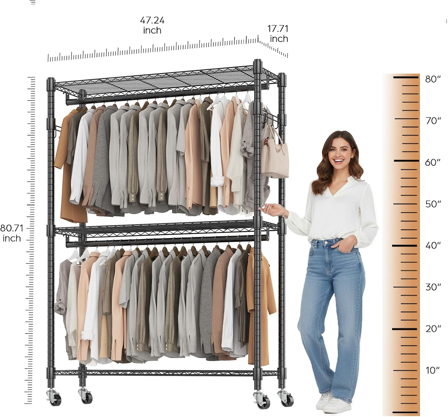BATHWA Heavy Duty Rolling Clothes Rack with Wheels, 640 lb Hanger Rack & Garment Rack, 25mm Metal Freestanding Portable Closet, 2 Rods + Adjustable Shelves for Hanging Clothes