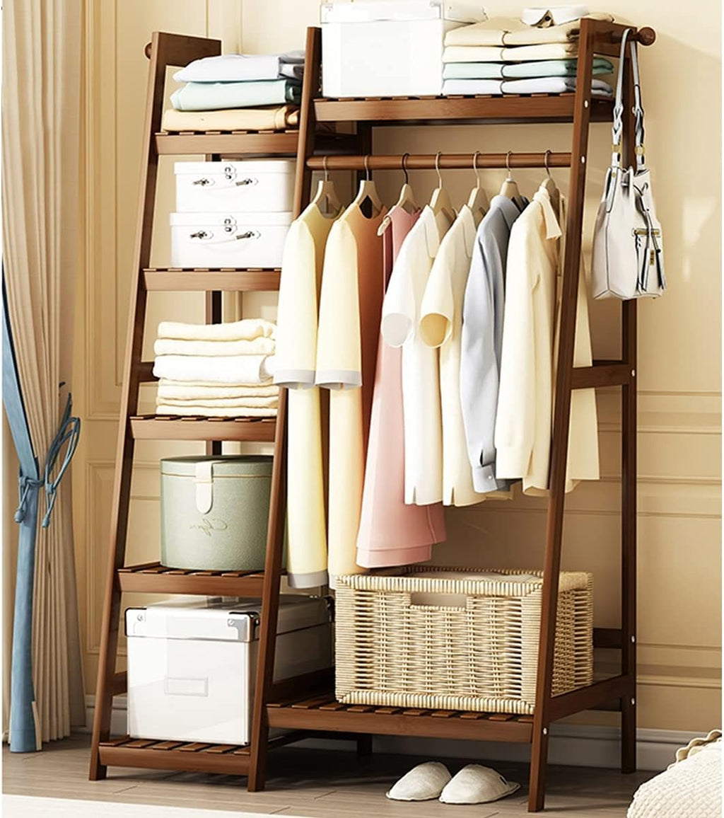 Coat Rack, Strong Bamboo Clothing Garment Rack With 6-Tier Shelves, Solid Wood Rod Hanging Clothes Rack Heavy Duty, Free-Standing Multifunctional Clothing Rack