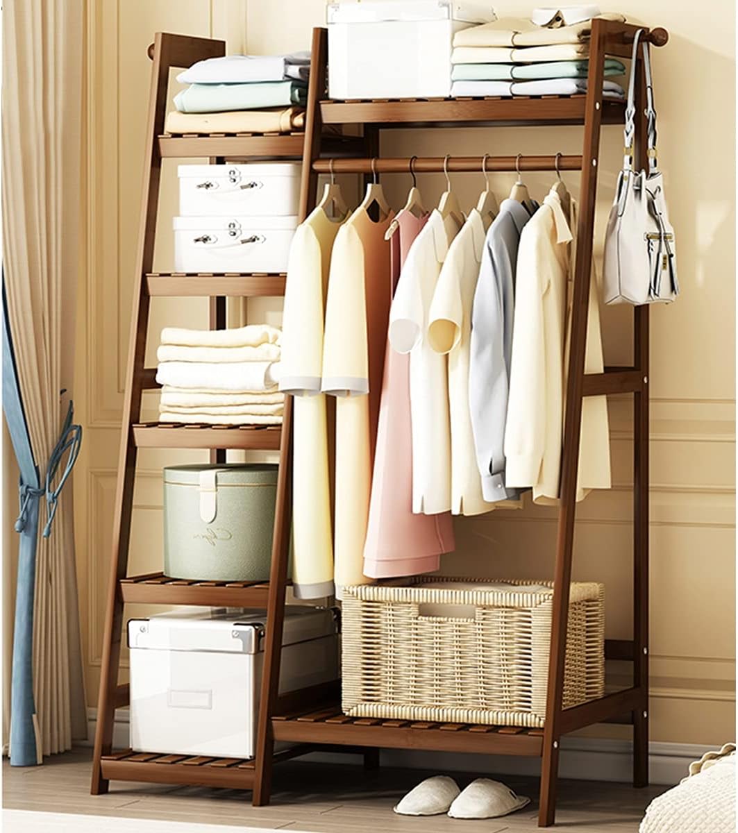 Coat Rack, Strong Bamboo Clothing Garment Rack With 6-Tier Shelves, Solid Wood Rod Hanging Clothes Rack Heavy Duty, Free-Standing Multifunctional Clothing Rack