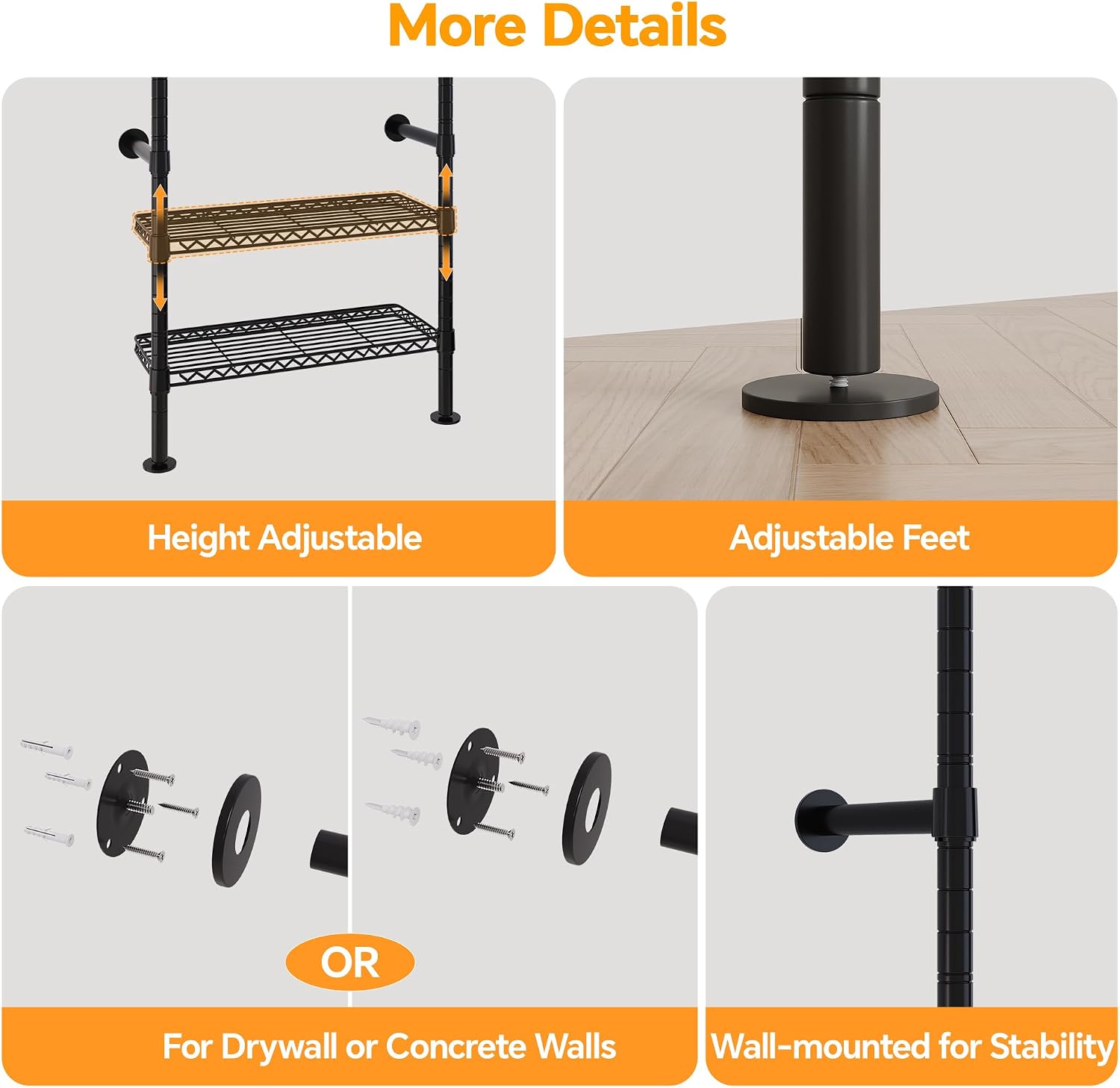 Higeego W3 Industrial Pipe Clothing Rack, Wall Mounted Clothes Rack Closet Wardrobe System with Expandable Hanger Rods Adjustable Storage Shelves, Heavy Duty Corner Walk-in Closet System, Black