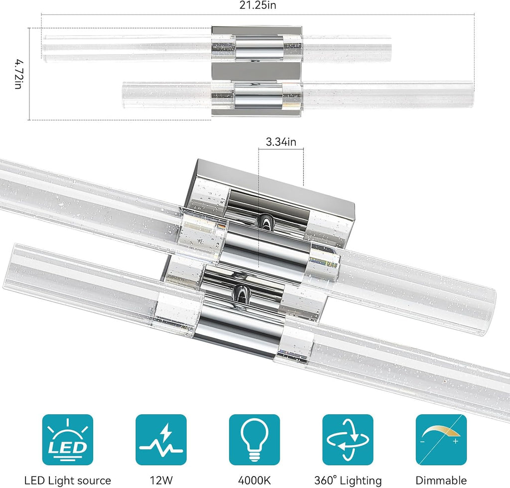 Crystal Wall Sconces Set of Two Chrome Wall Sconce Hardwired LED Bathroom Vanity Light Fixtures 21.25in 4000K Vertical and Horizontal Wall Mounted Sconces for Bedroom, Living Room, Hallway