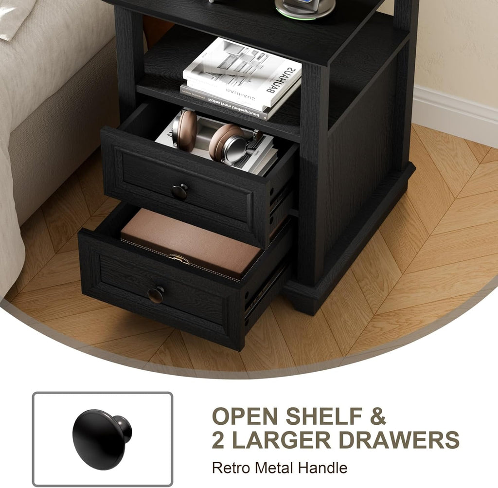 REDAYFUR 24' Nightstand with Fast Charging Station Set of 2, 18' Bedside Table with Drawers,Storage Rustic Wood Storage Cabinet for Bedroom