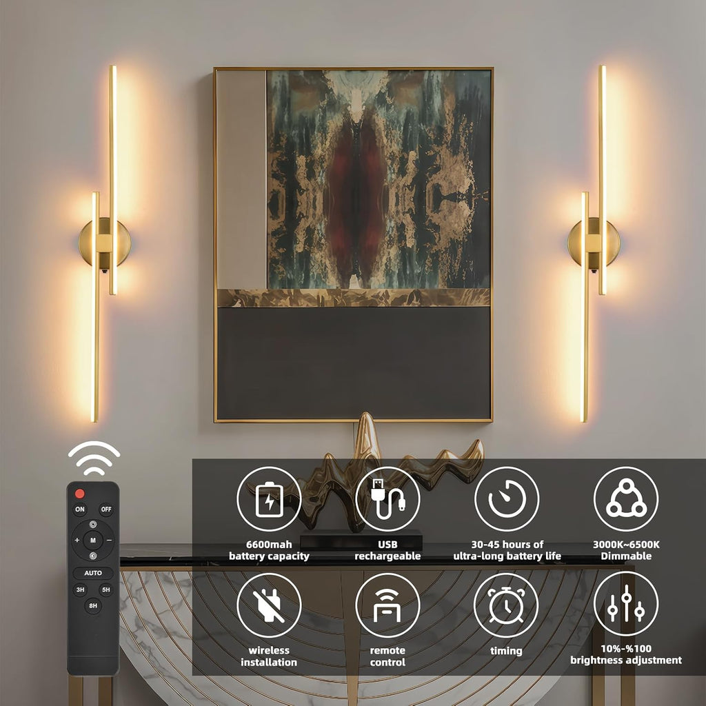 Battery Operated Wall Sconce Set of 2,Gold 31.4' 3000K-6500K LED Dimmable Wall Sconces with Remote Control,Wireless Wall Light USB Rechargeable for Bedroom Hallway Living Room Background Wall Lighting