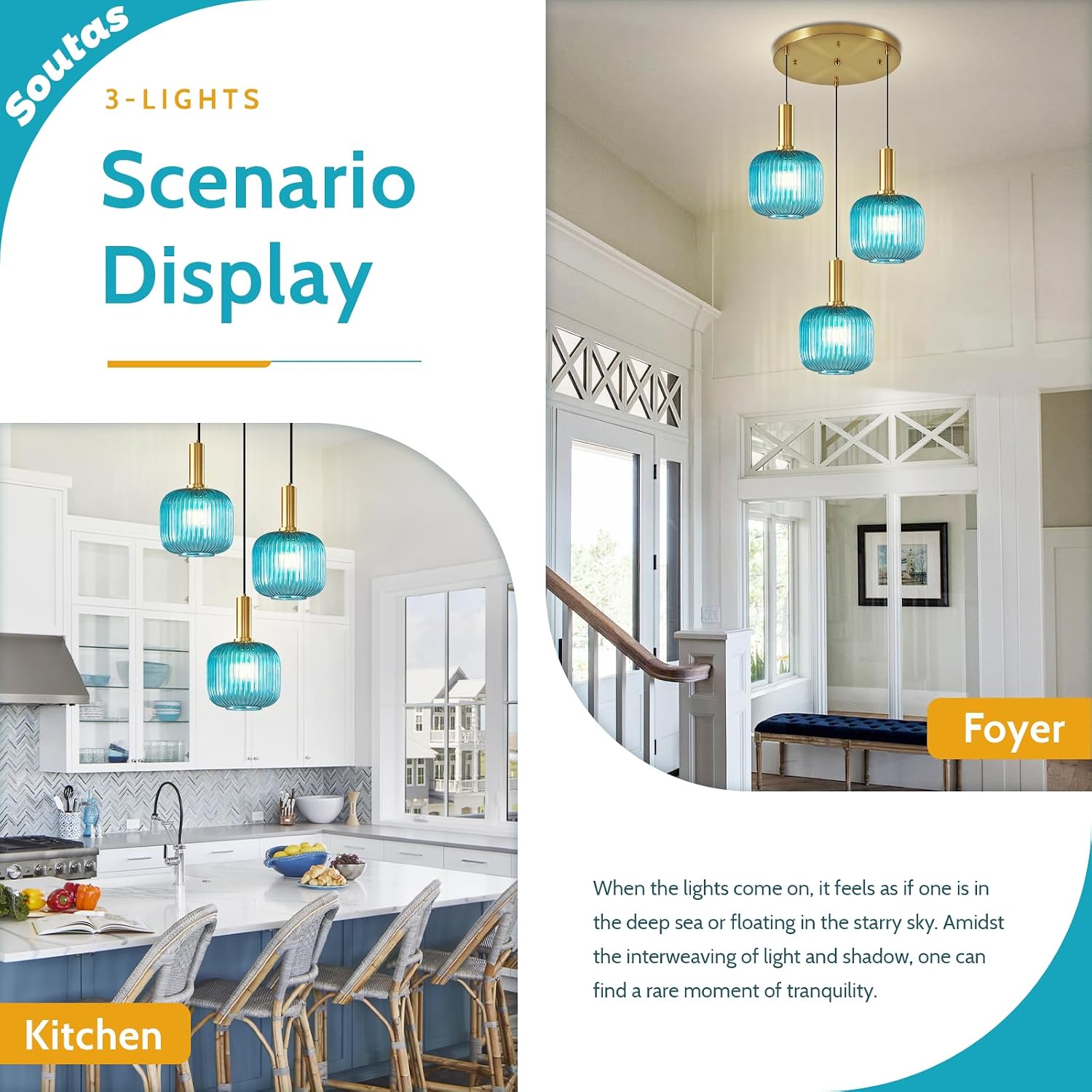Blue Chandelier Lighting Modern Mid Century Ceiling Fixtures Lights 7.9' Glass Shade Globe Sputnik Hanging Light for Kitchen Island Dining Room, Foyer Lighting