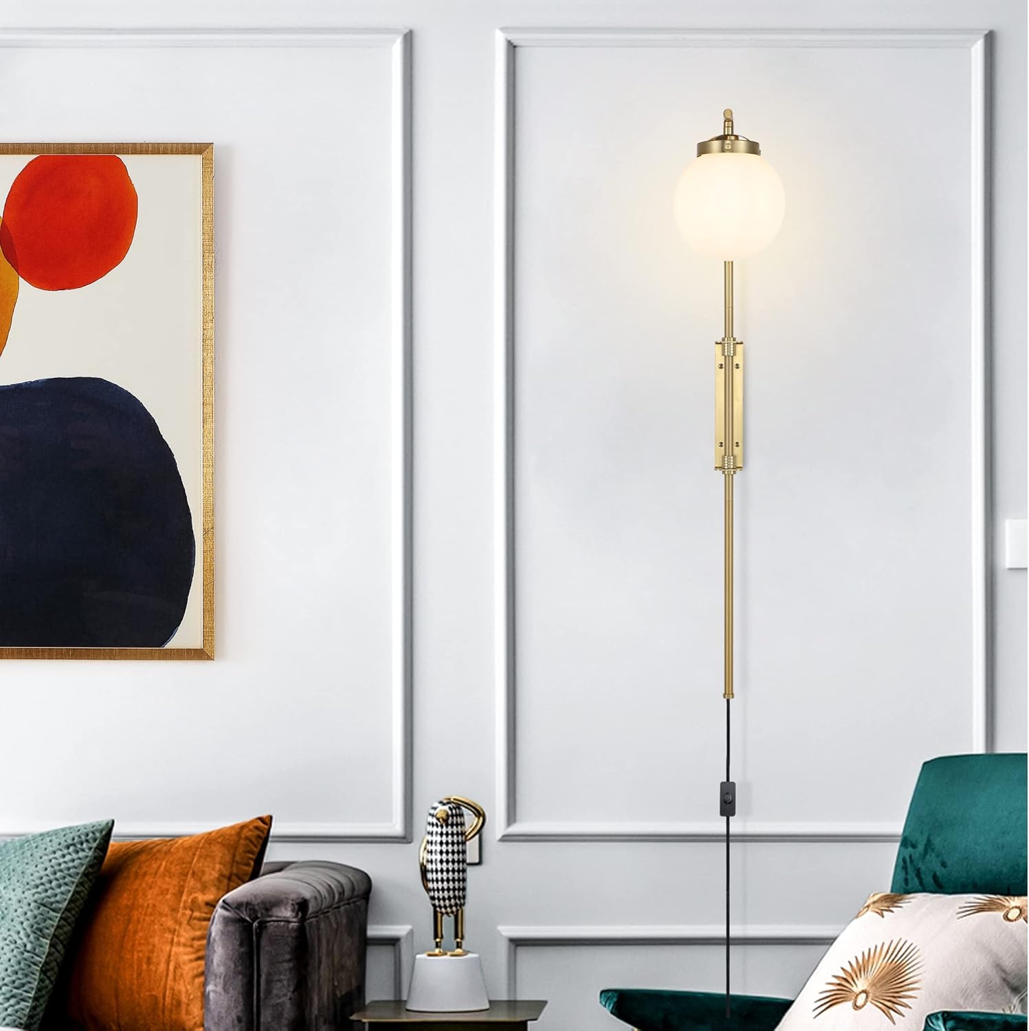 ELEHINSER Gold Wall Sconces Set of 2 with Globe Shade, Modern Indoor Plug in Wall Lamps with Switch, Angle Adjustable Light for Bedroom Living Room Study Hallway Bedside
