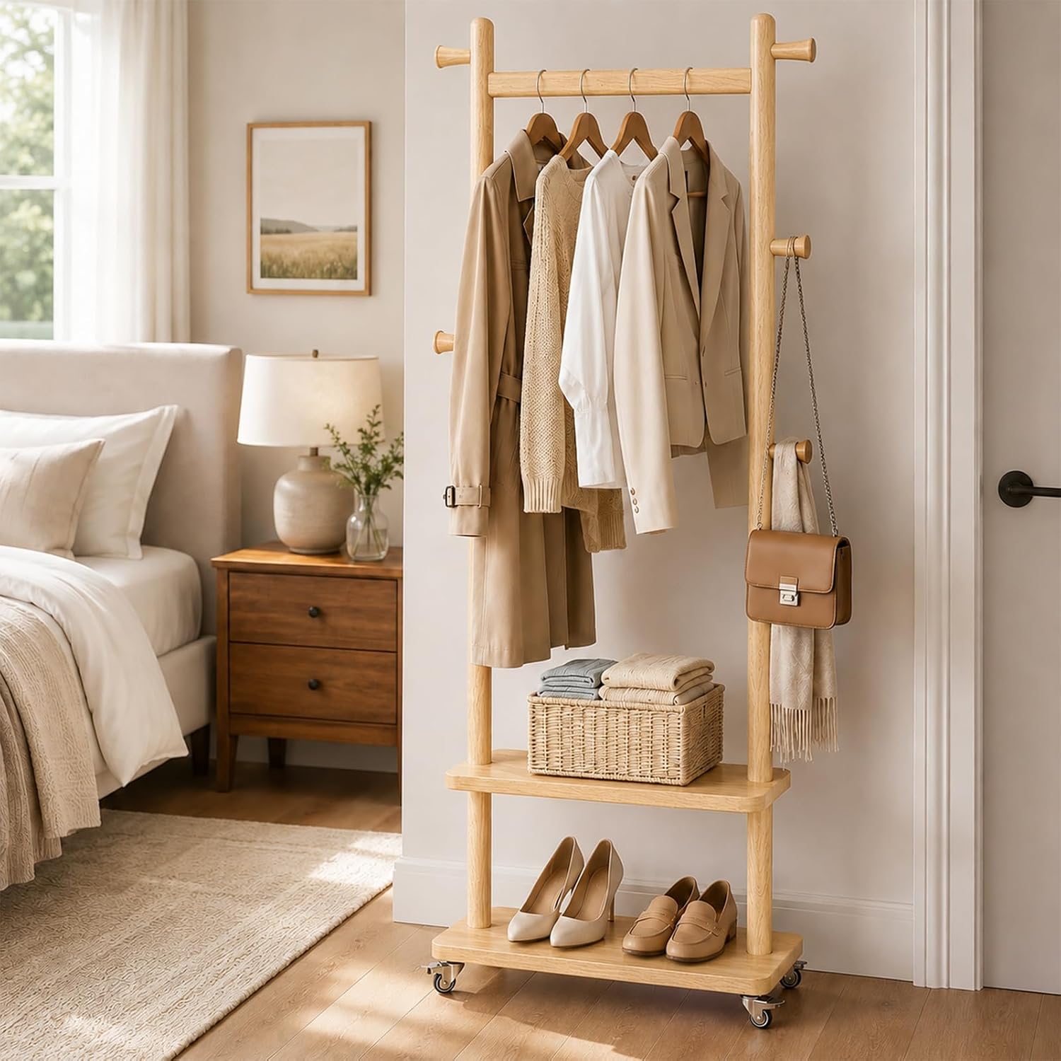 Taitiy Coat Rack Freestanding Clothing Rack with Wheels & 2 Shelves Storage & 5 Hooks Heavy Duty Clothes Rack Wood Coat Tree Stand Hat Hanger Rack for Corner Bedroom Entryway Living Room Hotel Size L
