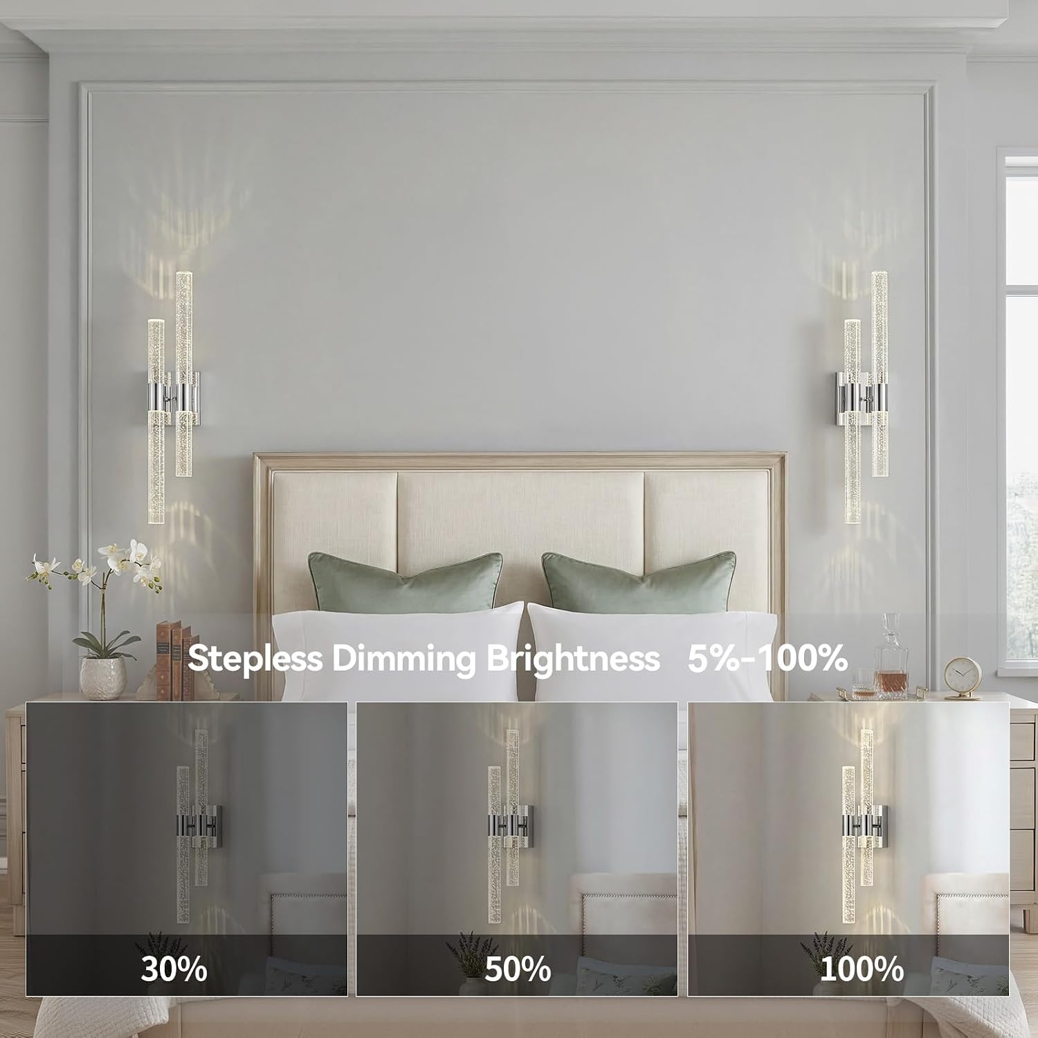 Crystal Wall Sconces Set of Two Chrome Wall Sconce Hardwired LED Bathroom Vanity Light Fixtures 21.25in 4000K Vertical and Horizontal Wall Mounted Sconces for Bedroom, Living Room, Hallway