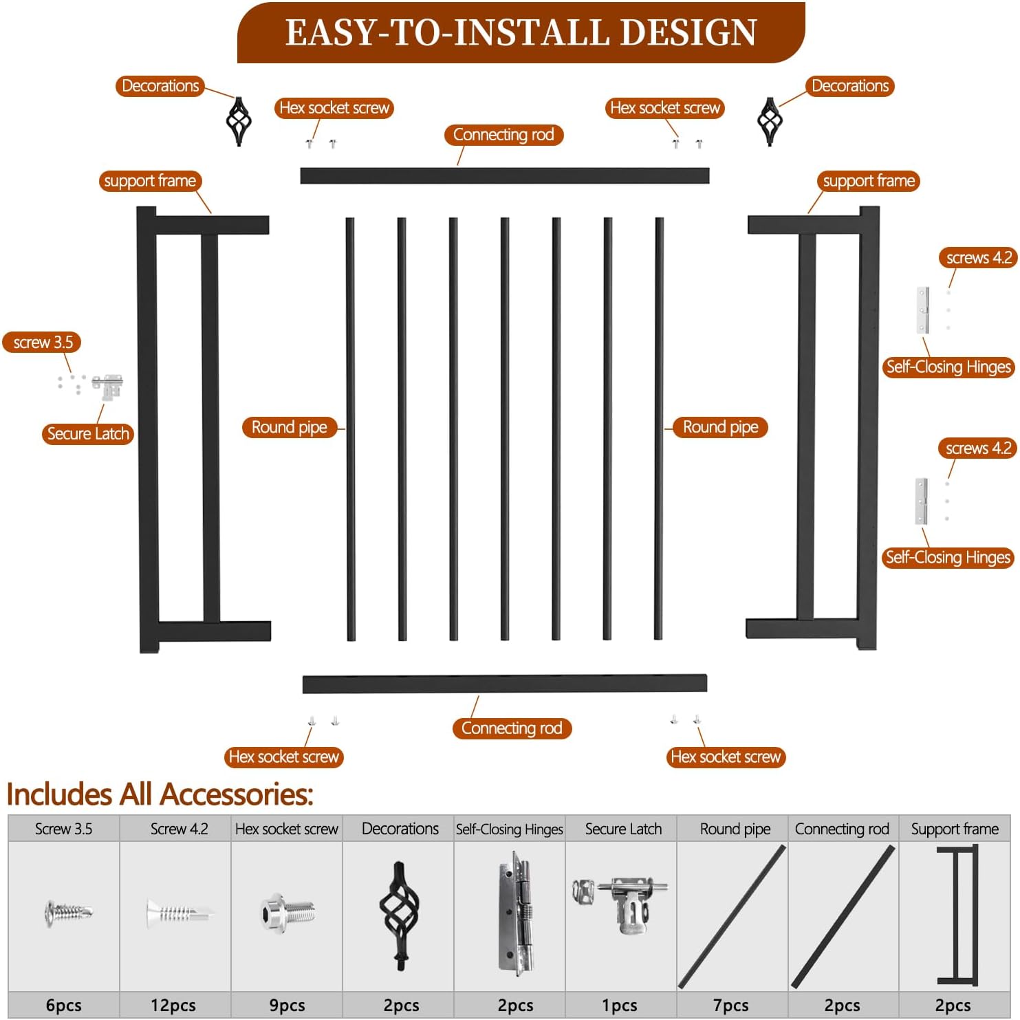 Heavy-Duty Deck Fence Gate Outdoor, No Cutting Required，Upgraded Adjustable 37.4 to 49.2''W x 43''H, Fence Gate, Suitable for Decks, Patios, Gardens, Yards, (with Latch and Auto-Closing Hinge)
