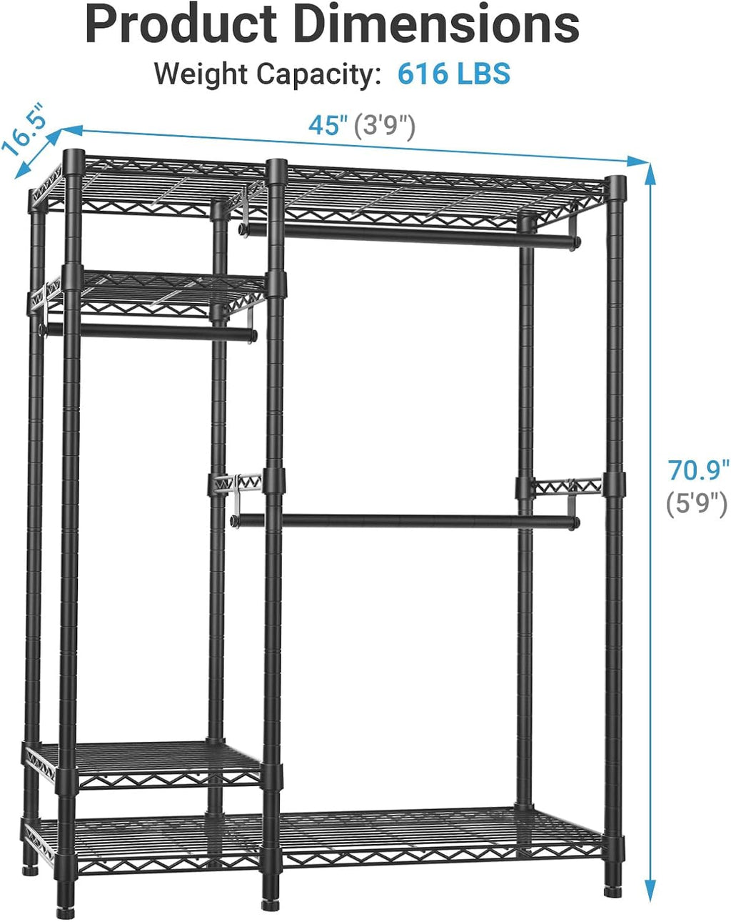VIPEK Clothes Rack for Hanging Clothes, Heavy Duty Closet Rack with 4 Tiers Wire Shelving & 3 Hanging Rods, Free Standing Closet Wardrobe, 45' Lx16.5 Wx76.4 H, Max Load 700LBS, Black