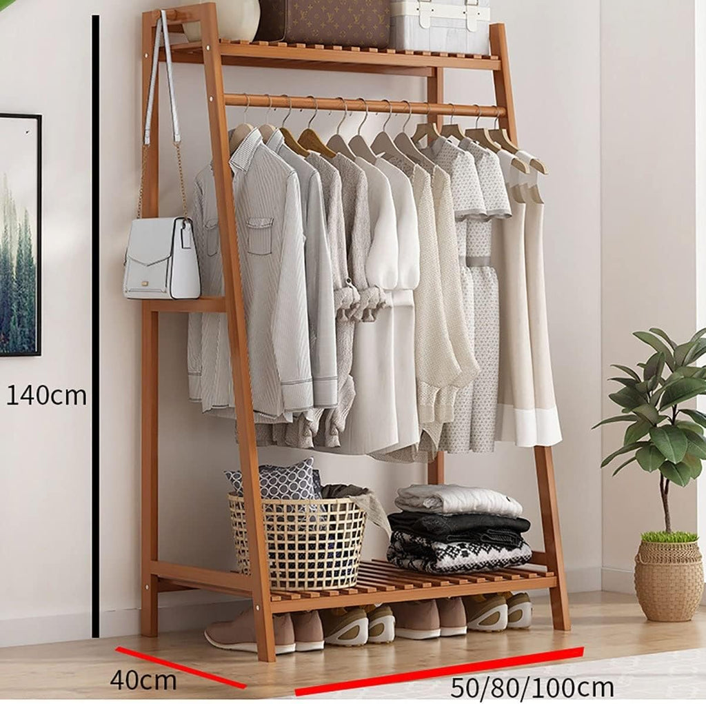 Bamboo Garment Rack with Shelf, Hanging Coat Rack for Clothes Coats Shoes, for Living Room Bedroom Entryway, Space Saver/Brown/100Cm