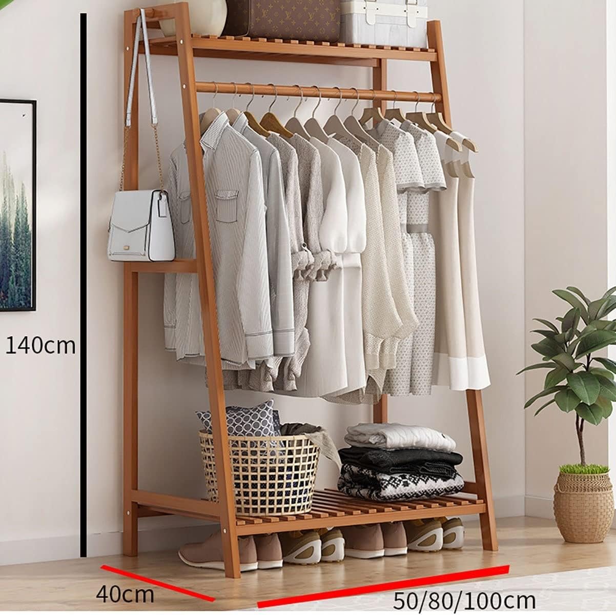 Bamboo Garment Rack with Shelf, Hanging Coat Rack for Clothes Coats Shoes, for Living Room Bedroom Entryway, Space Saver/Brown/100Cm