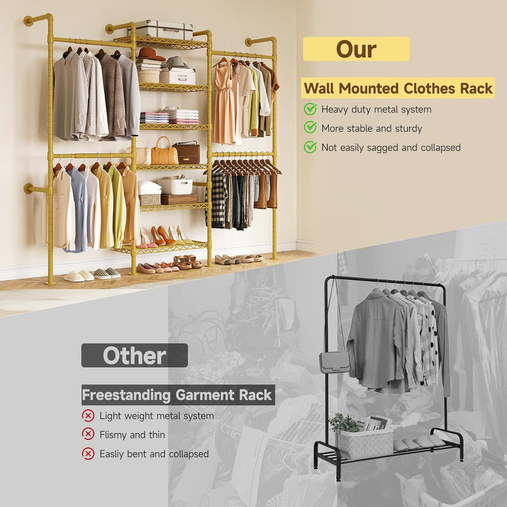 ONBRILL H3 Expandable Wall Mounted Closet System, 5.4FT-8.1FT Closet Organizer with 4 Telescopic Rods & 6 Wire Shelves, Industrial Pipe Clothing Rack for Walk-in & Reach-in Closet (Gold)