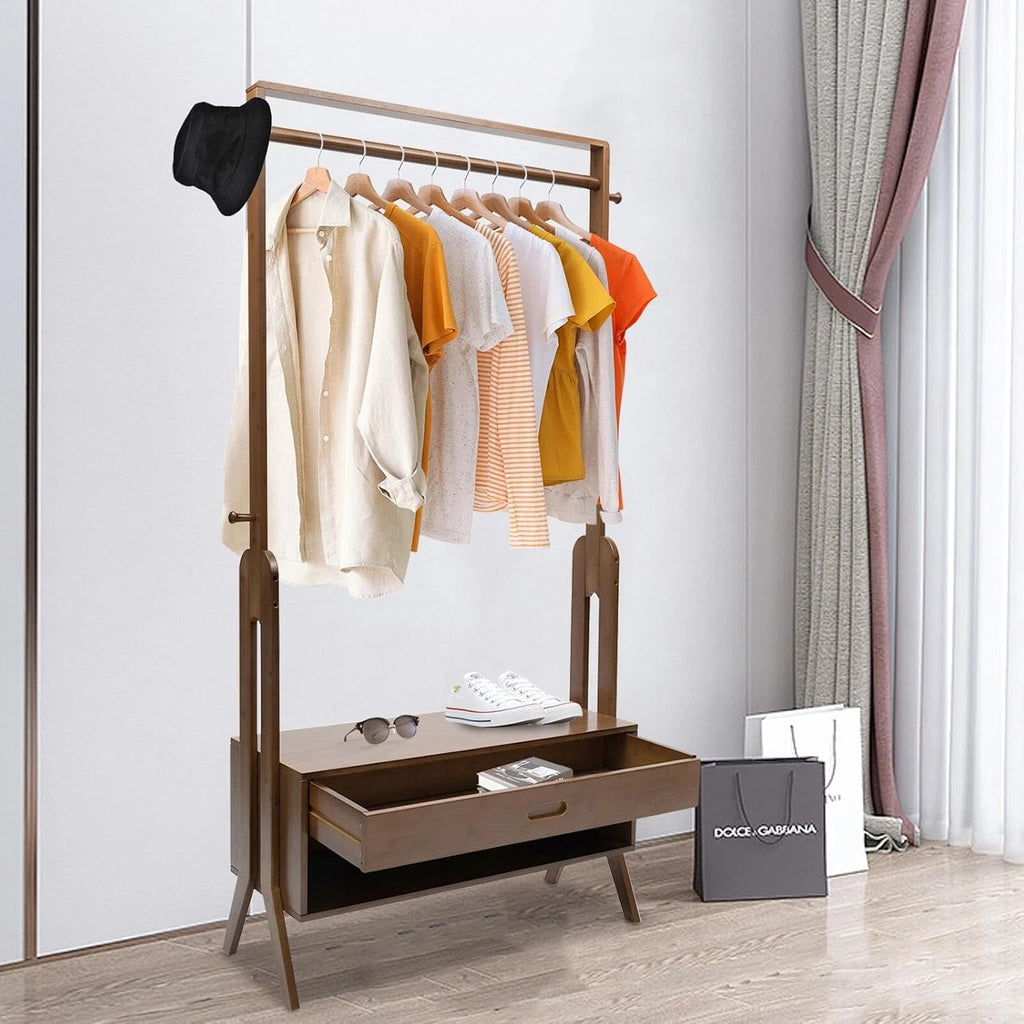 for Bamboo Clothes Hanging Garment Rack Heavy Duty Laundry Rack Cloest Storage Shelf