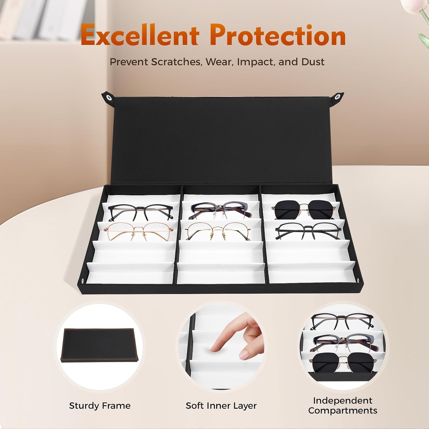 Glasses Case, 180 Slots Eyeglasses Storage Trolley Case with 4 Wheels, Portable Eyewear Organizer with 12 Independent Trays and Retractable Pull Rod, Eyeglass Storage Organizer for Storing Glasses
