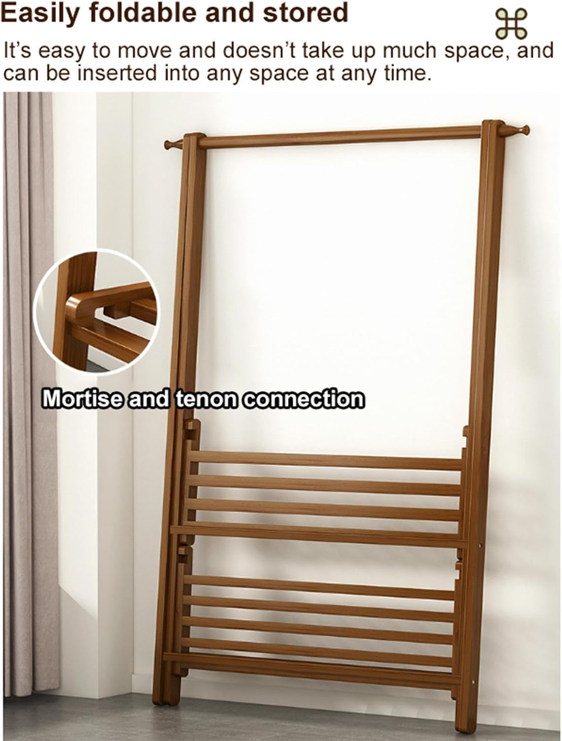 Foldable Bamboo Clothes Rack - Portable Garment Organizer for Bedroom, Living Room & Cloakroom - Space-Saving Hanging Storage Solution, 86cm