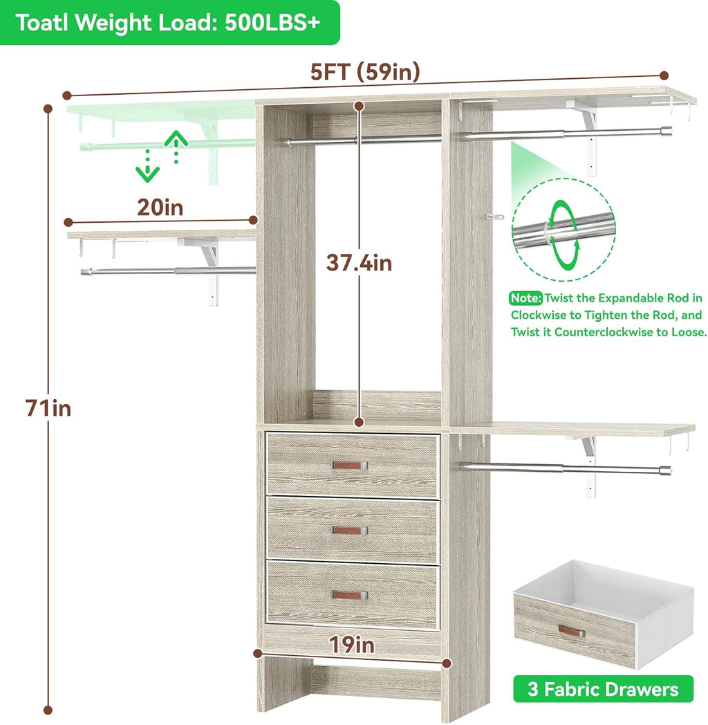 Armocity 5FT Small Closet System with 3 Fabric Drawers, 60'' Walk In Closet Organizer System With 3 Adjustable Shelves, Heavy Duty Clothes Rack Built-In Garment Rack, 59' L x 16' W x 71'H, White Oak