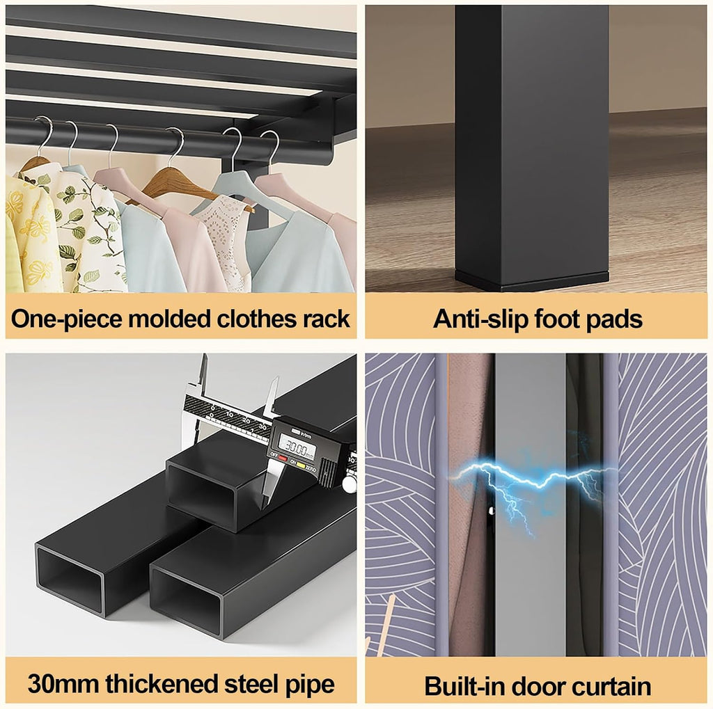Wardrobe Closet With Cover Foldable Garment Rack For Hanging Clothes 1200lbs Portable Covered Clothing Coat Storage Organizer Armoire Enclosed Curtain(C,152cm/59.8inch)