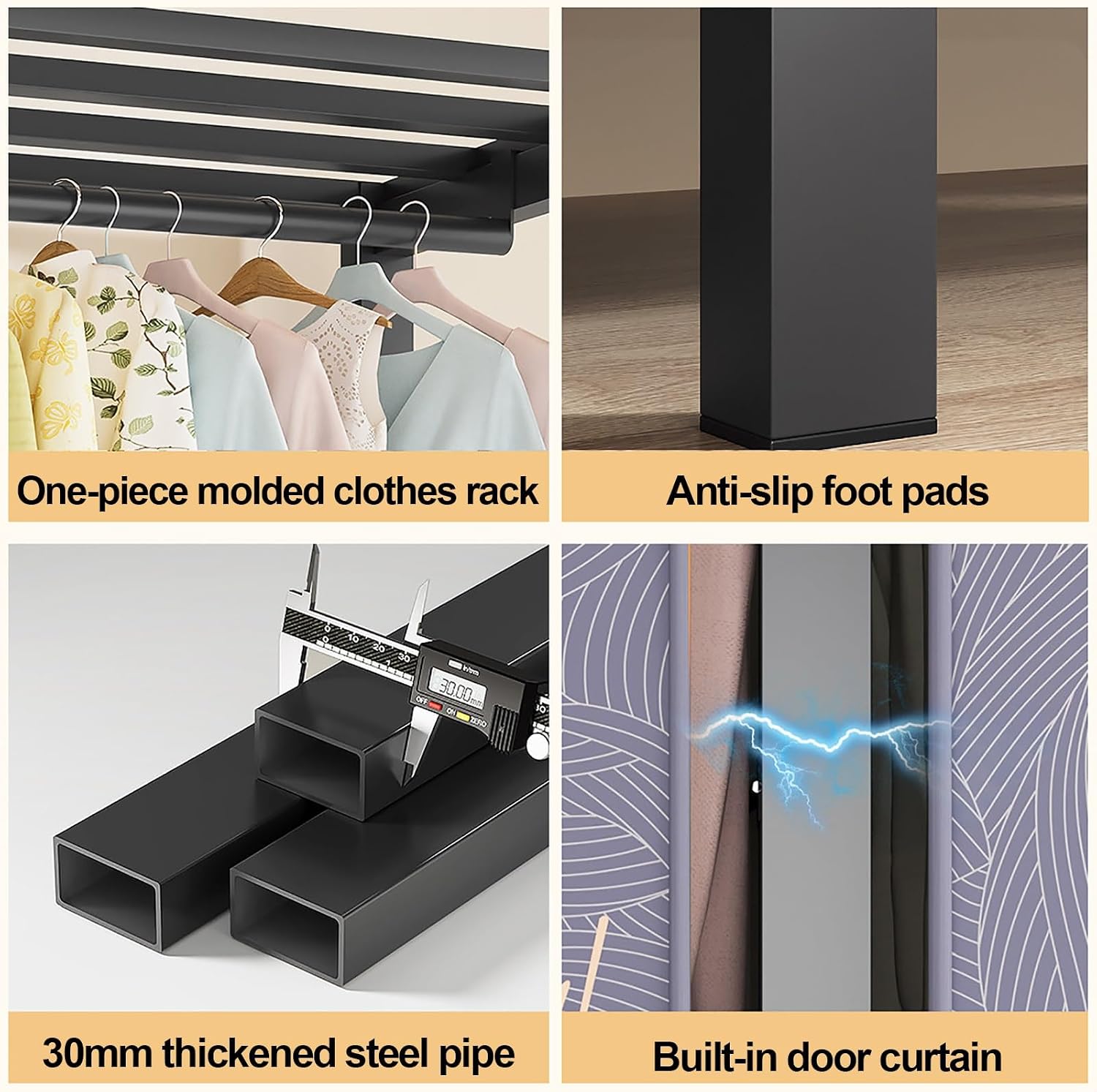 Wardrobe Closet With Cover Foldable Garment Rack For Hanging Clothes 1200lbs Portable Covered Clothing Coat Storage Organizer Armoire Enclosed Curtain(C,152cm/59.8inch)