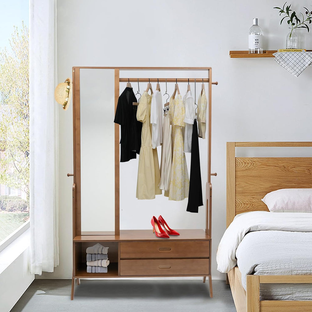 Xuthusman Bamboo Garment Rack With Full Length Mirror and Drawers, Hanging Clothes Portable Wardrobe Rack Freestanding Closet Organizer With Hanging Rod 4 Hooks for Bedroom Living Room