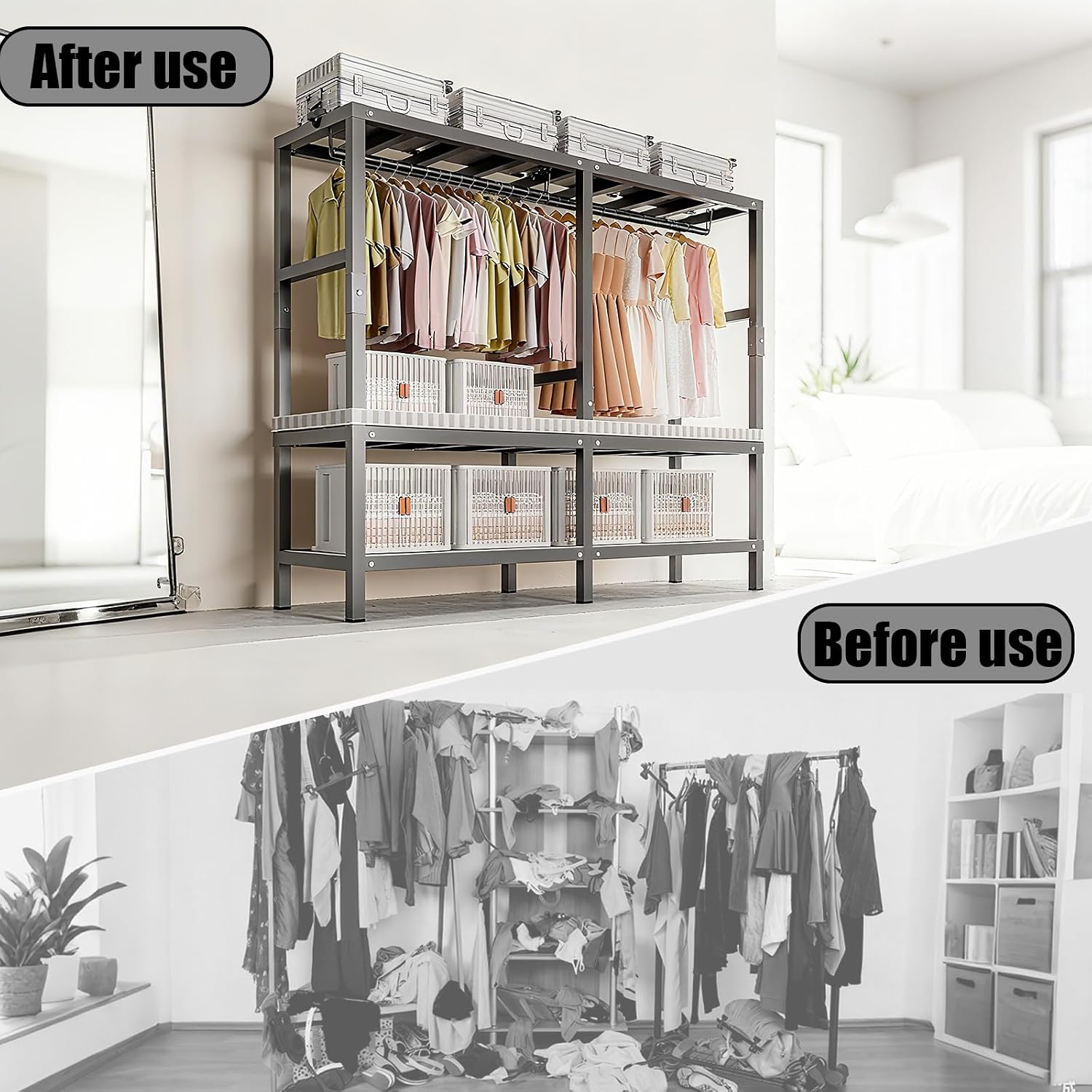 59.1in Heavy Duty Portable Closet, Foldable Wardrobe Closet with Cover, Metal Clothing Shelves for Clothes Organizers and Storage, for Bedrooms, Apartments, Rental Properties (Grey, 59.1in)