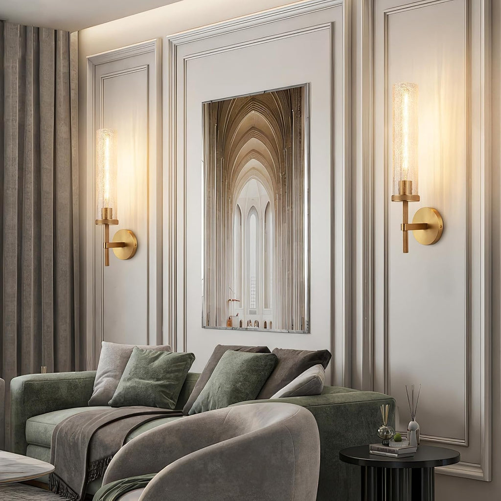 19.5' Knurled Brass Wall Sconce with Crackle Glass Tube, Gold Bathroom Vanity Light Fixtures, Modern Lamp Lighting for Bedroom, Living Room, Hallway, Staircase, Mirror, Kitchen
