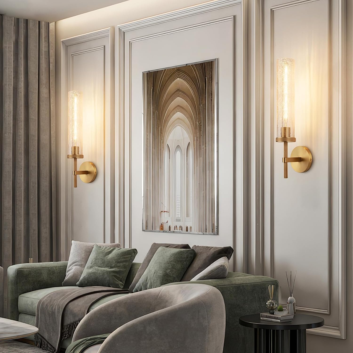 19.5' Knurled Brass Wall Sconce with Crackle Glass Tube, Gold Bathroom Vanity Light Fixtures, Modern Lamp Lighting for Bedroom, Living Room, Hallway, Staircase, Mirror, Kitchen