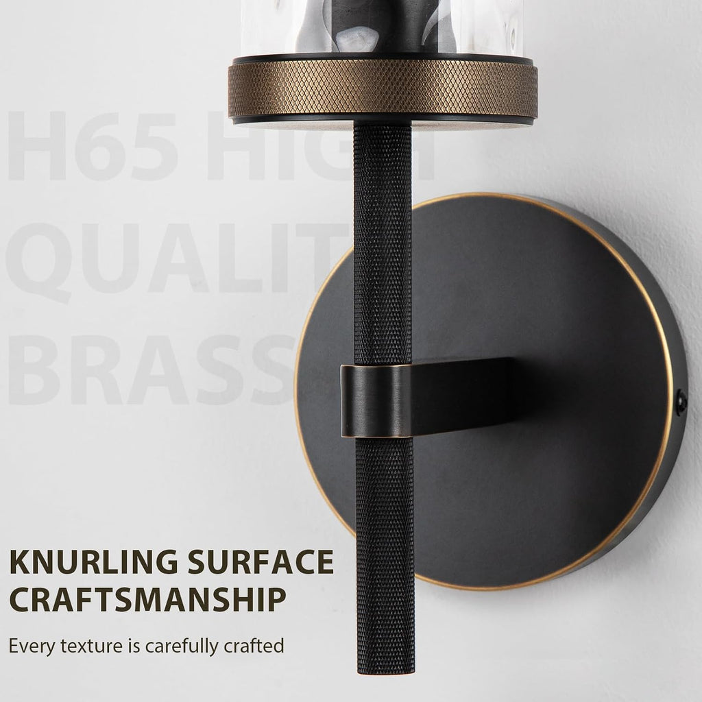15' Knurled Brass Wall Sconces Set of 2, Black Gold Bathroom Vanity Light Fixtures with Water Ripples Glass Tube, Modern Lamp Lighting for Bedroom, Living Room, Hallway, Staircase, Mirror, Kitchen