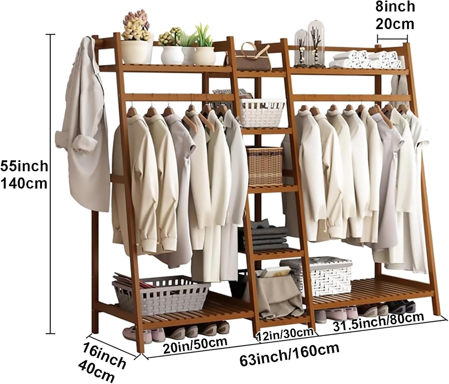 Bamboo Garment Rack,Storage Shelf Coat Clothes Hanging Rack,Free Standing Clothes Coat Hanger Closet Organizer with Shoe Rack,Portable Wardrobe for Hall Living Room Bedroom Office, Natural