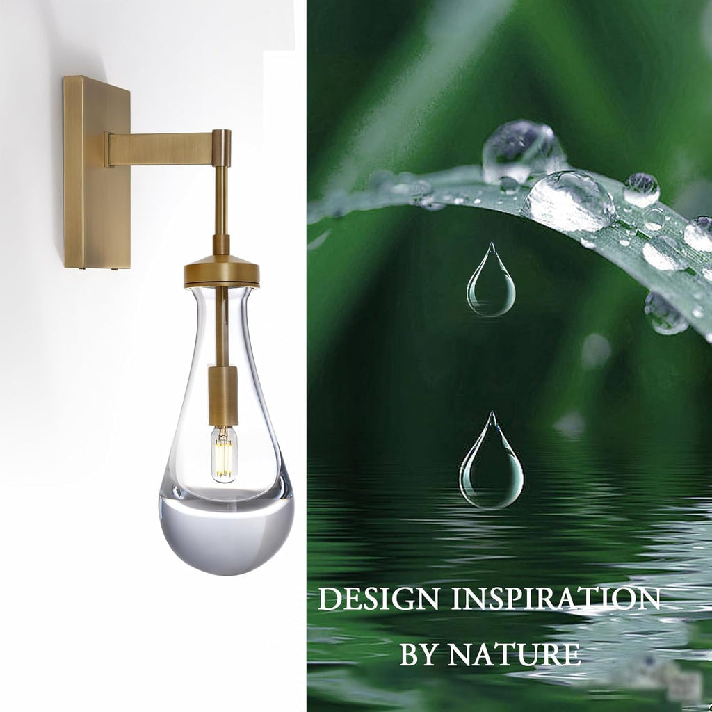 Raindrop Brass Wall Sconces Set of 2, Teardrop Glass Brushed Gold Dimmable Wall Lights with E12 Bulbs Included, Hardwired Bathroom Vanity Light for Bedroom, Living Room, Hallway, Stairway, Foyer, Home