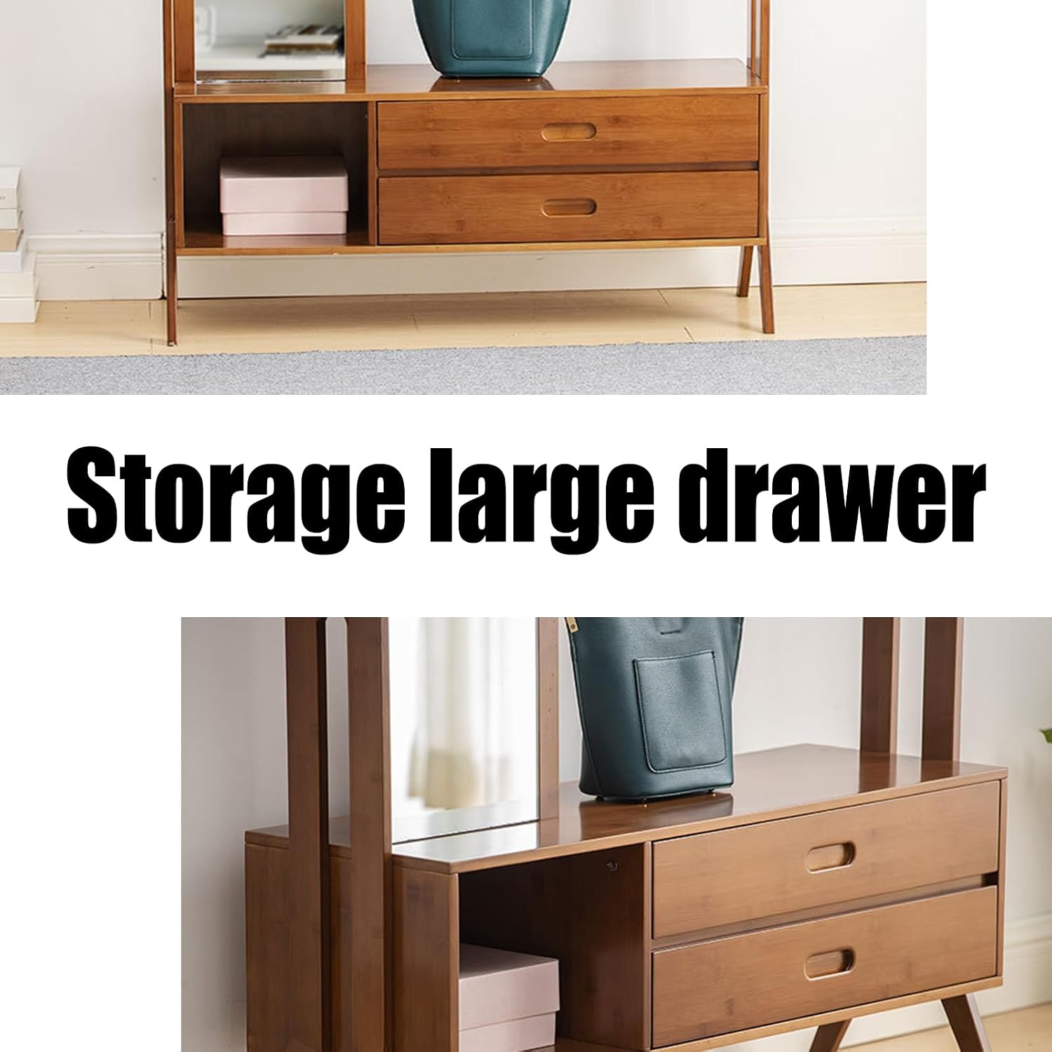 Bamboo Garment Rack, Freestanding Closet Organizer and Storage, Open Wardrobe for Entryway Full Body Mirror 220 lb Load Bearing for Doorways, Corridors, Living Rooms, Bedrooms