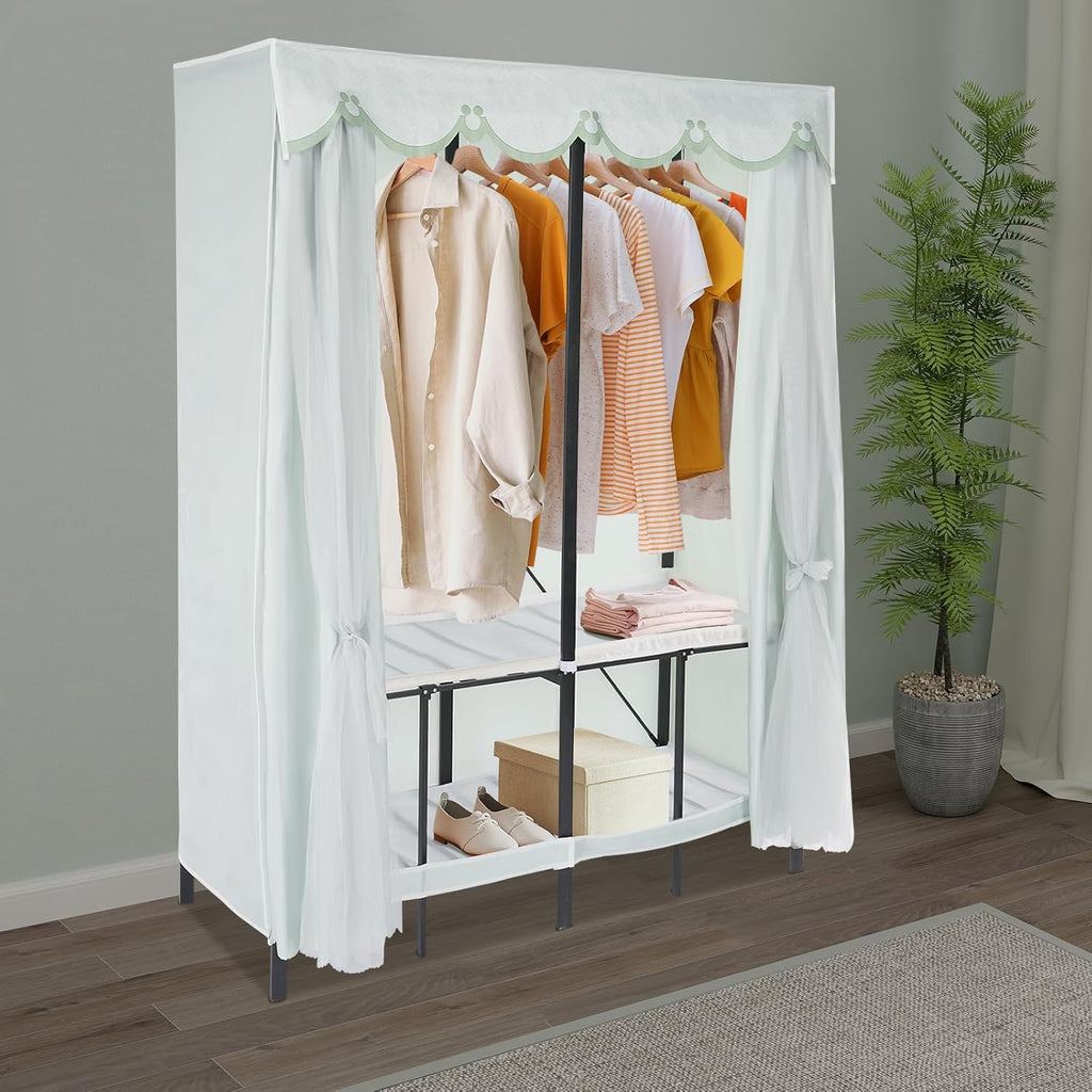 50x20x68 inch Wardrobe Closet Rack with Cover, 1100lbs Capacity Heavy-duty Metal Clothing Coat Storage Rack, Foldable Garment Rack for Hanging Clothes for Bedroom (Green)